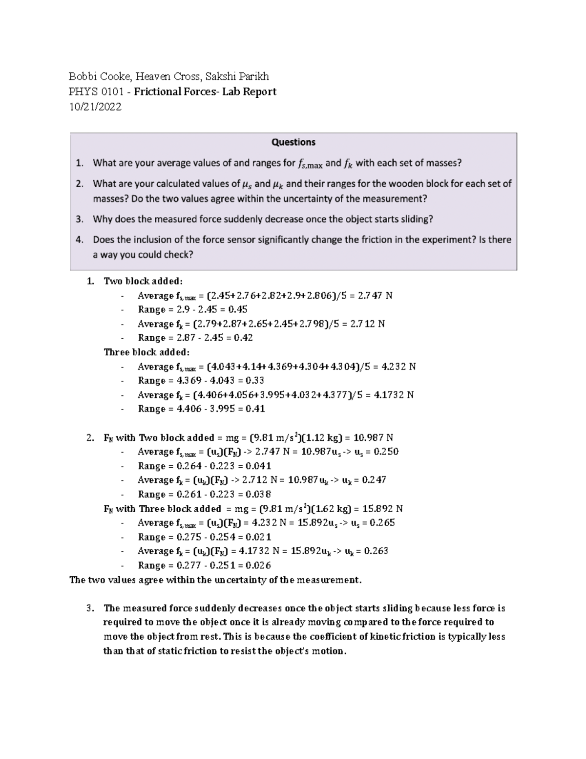Frictional Forces- Lab Report - Bobbi Cooke, Heaven Cross, Sakshi ...