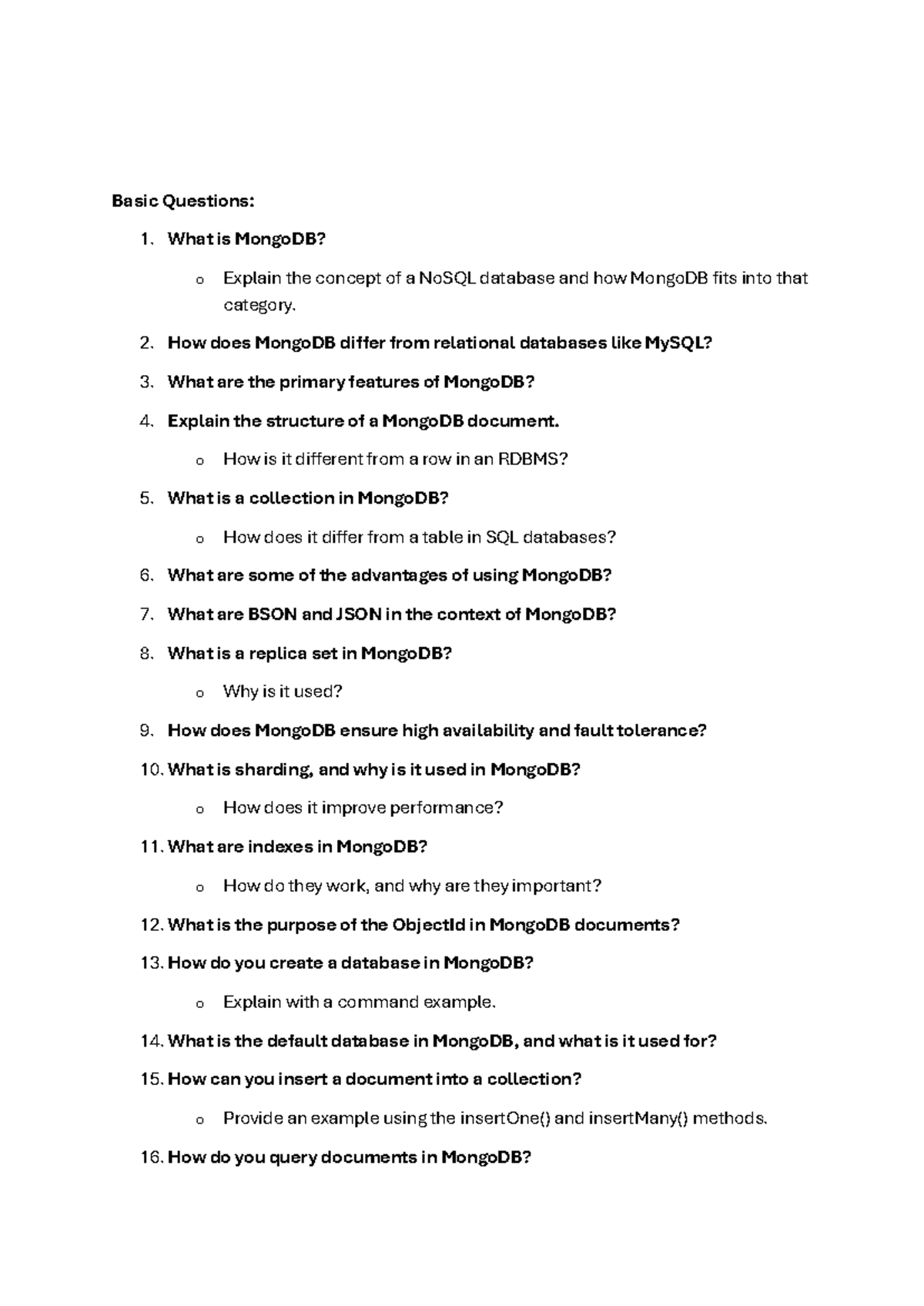 Database Mongo DB Question Bank - Basic Questions: 1. What is MongoDB ...