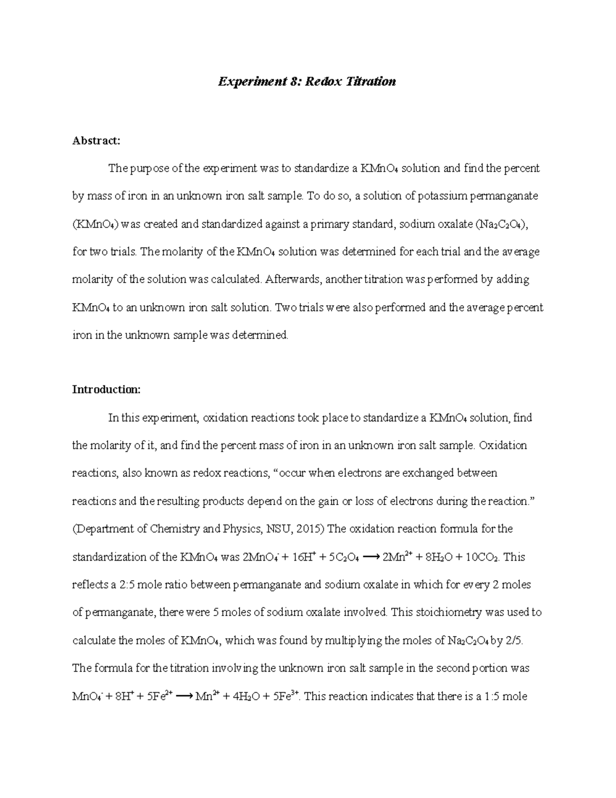 Redox Titration Lab Report - Experiment 8: Redox Titration Abstract ...