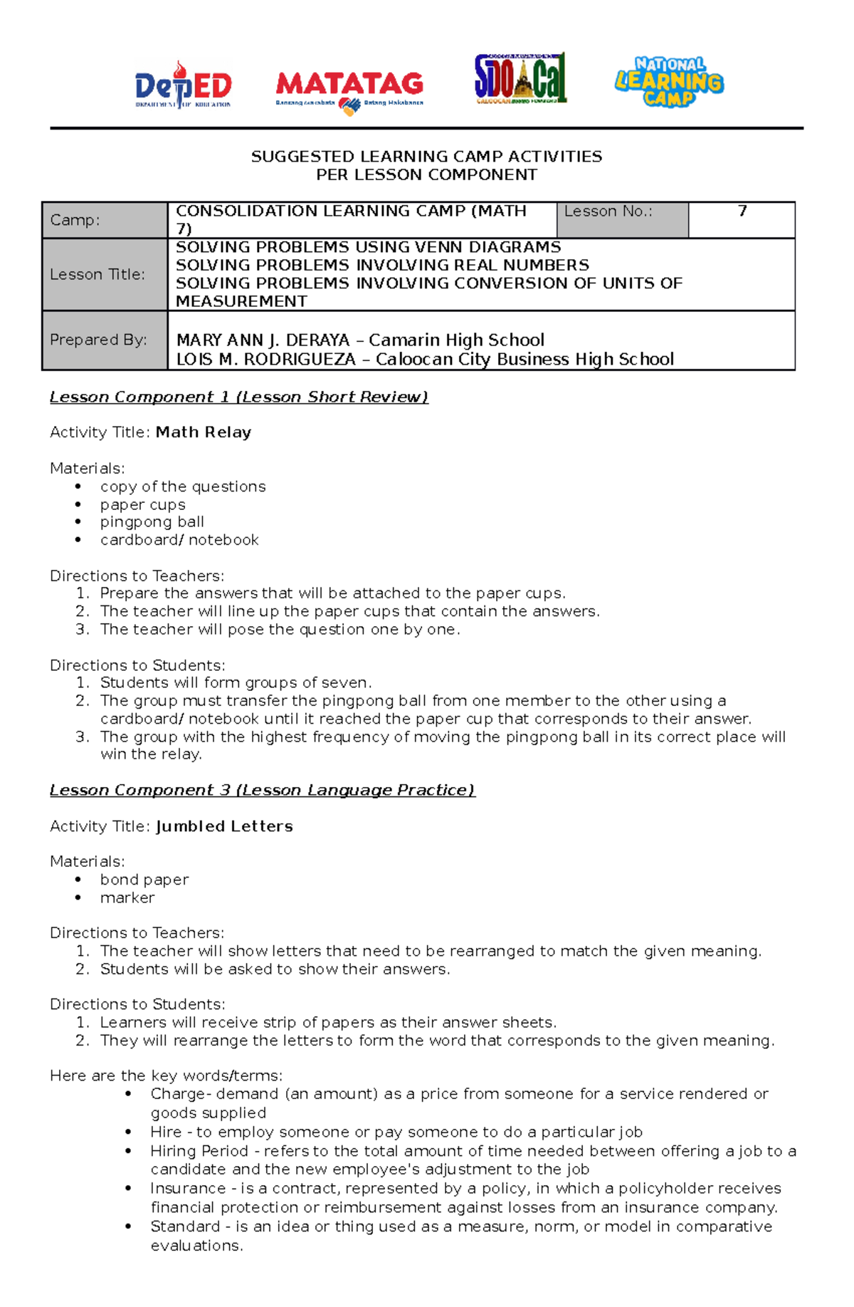 Math 7 NLC Consolidation Lesson 7 - SUGGESTED LEARNING CAMP ACTIVITIES ...