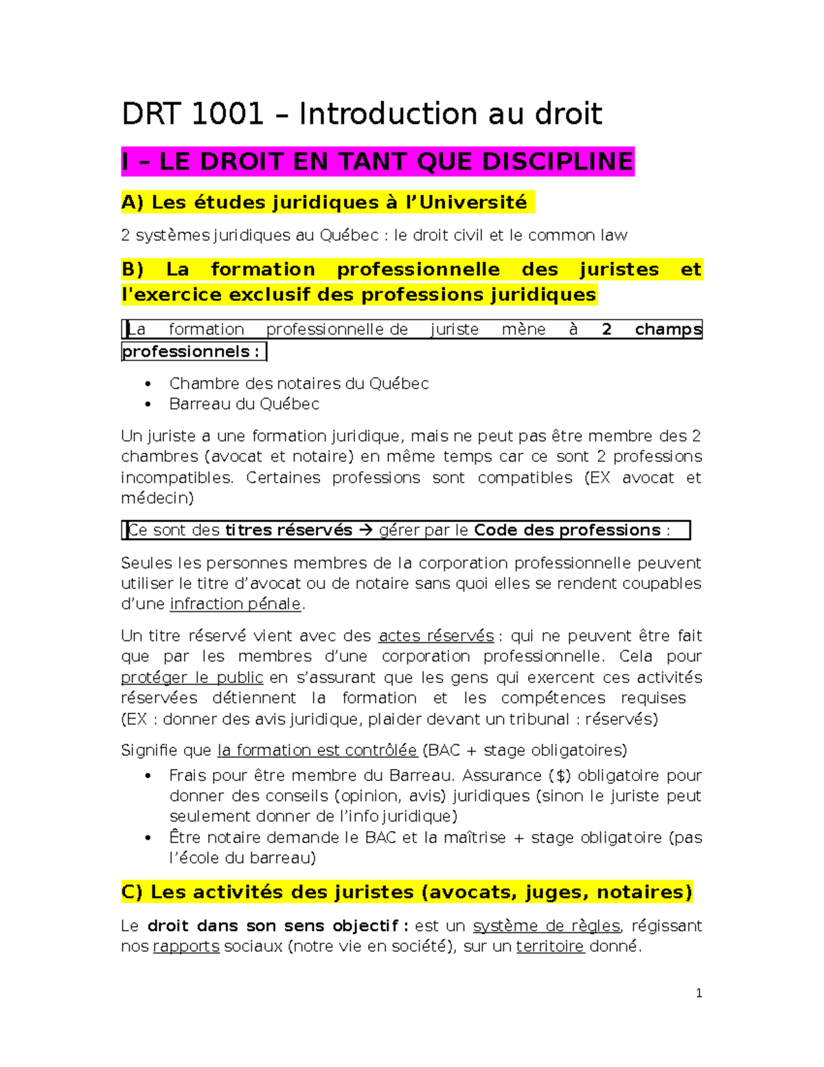 Introduction Au Droit (complet) - DRT 1001 – Introduction Au Droit I ...