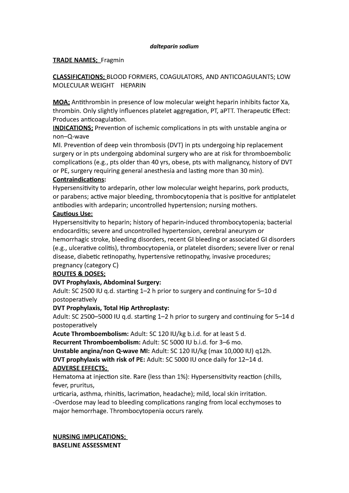 Dalteparin sodium - DRUG CARD MATERIALS FOR CLINICAL CLASSES ...