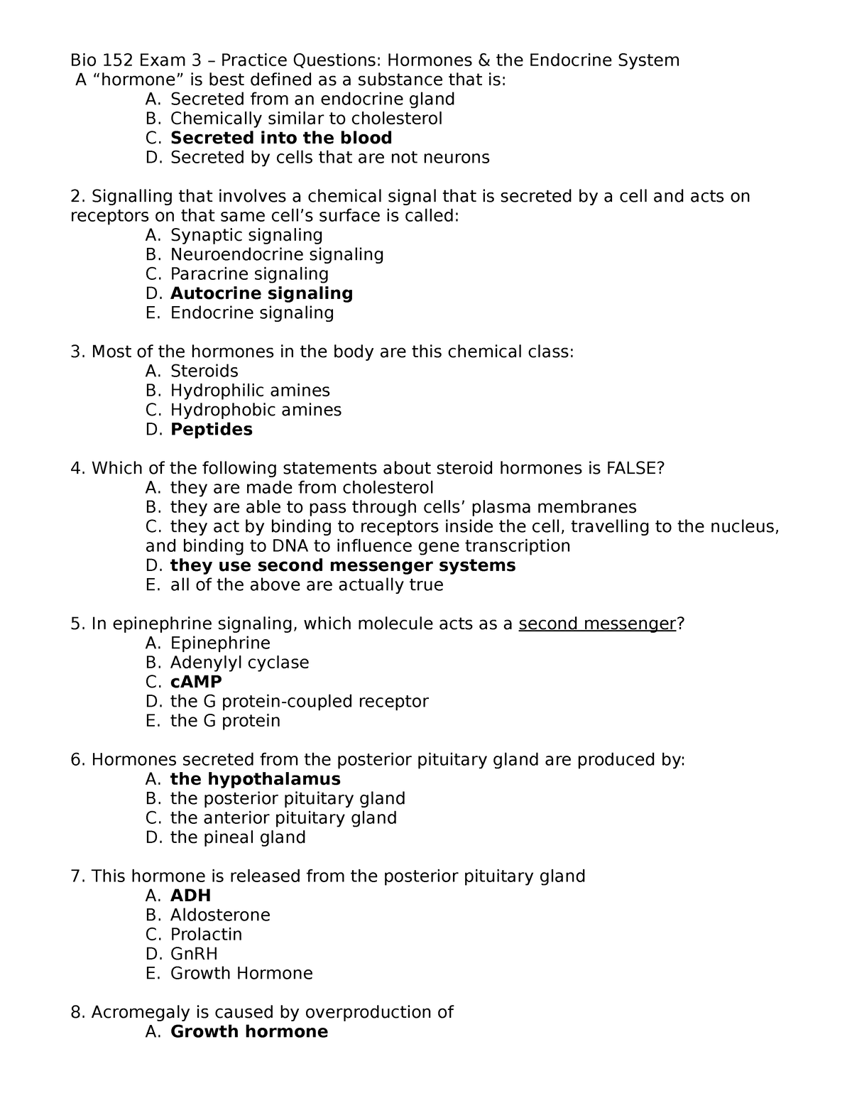 Exam 3 Practice Questions Endocrine System KEY - Bio 152 Exam 3 ...