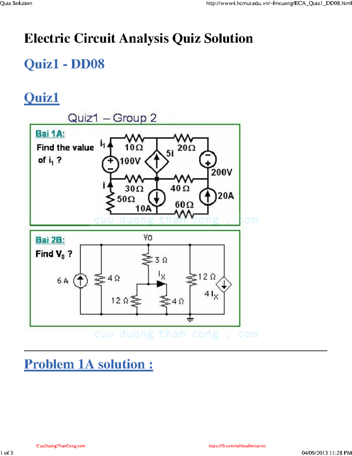 Chương 1 bài tập GTM Electric Circuit Analysis Quiz Solution Quiz1