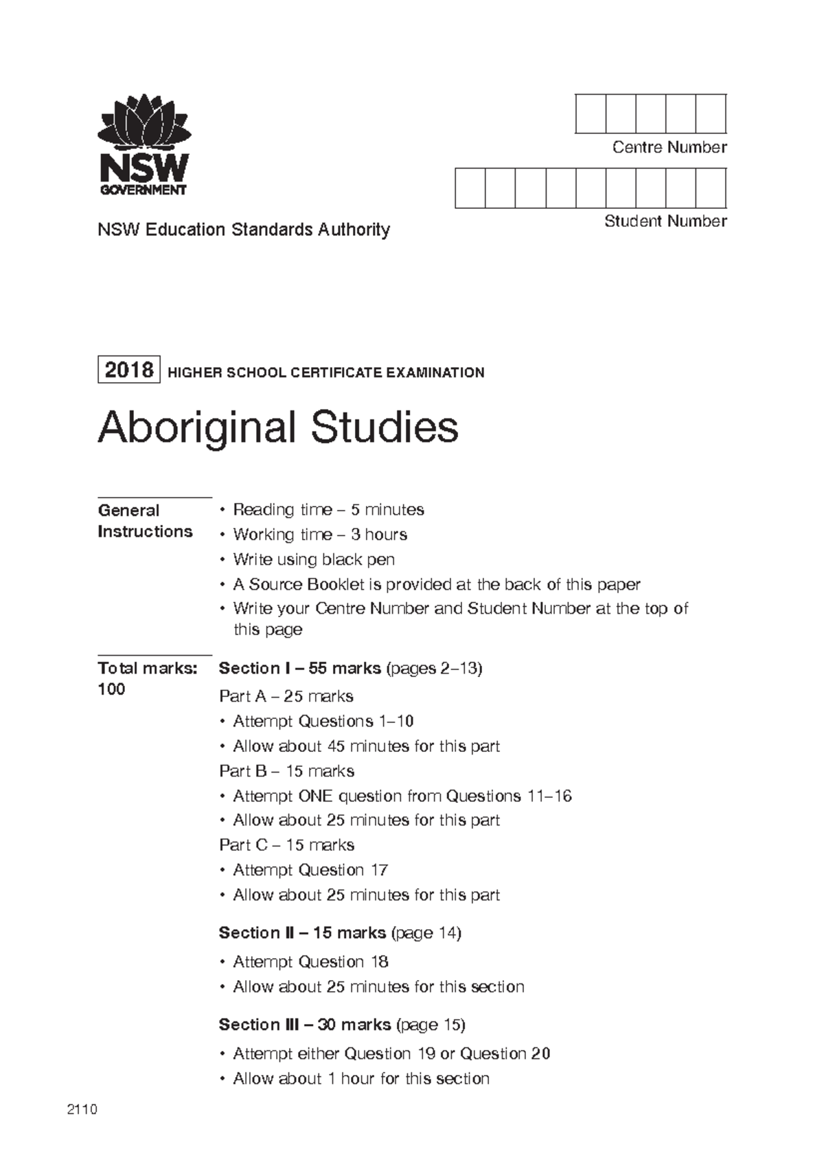 2018 Hsc Aboriginal Studies: HSC EXAM PAPER - Centre Number NSW ...