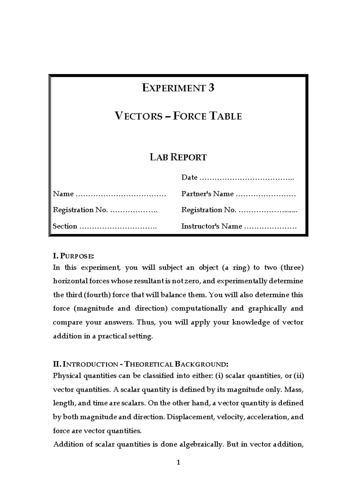 Vectors - E XPERIMENT 3 V ECTORS – F ORCE T ABLE LAB R EPORT ...