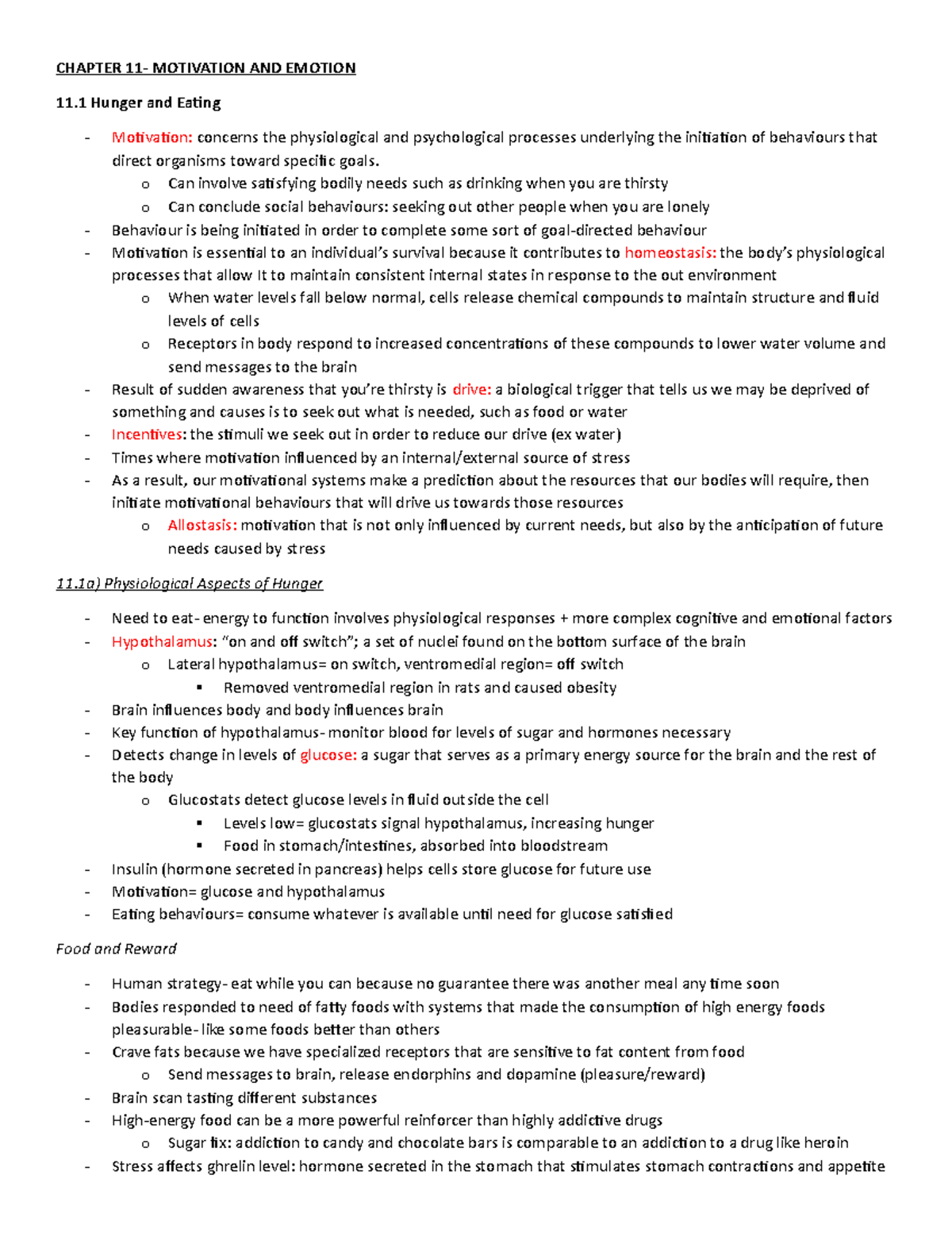 Chapter 11 Notes - CHAPTER 11- MOTIVATION AND EMOTION 11 Hunger And ...