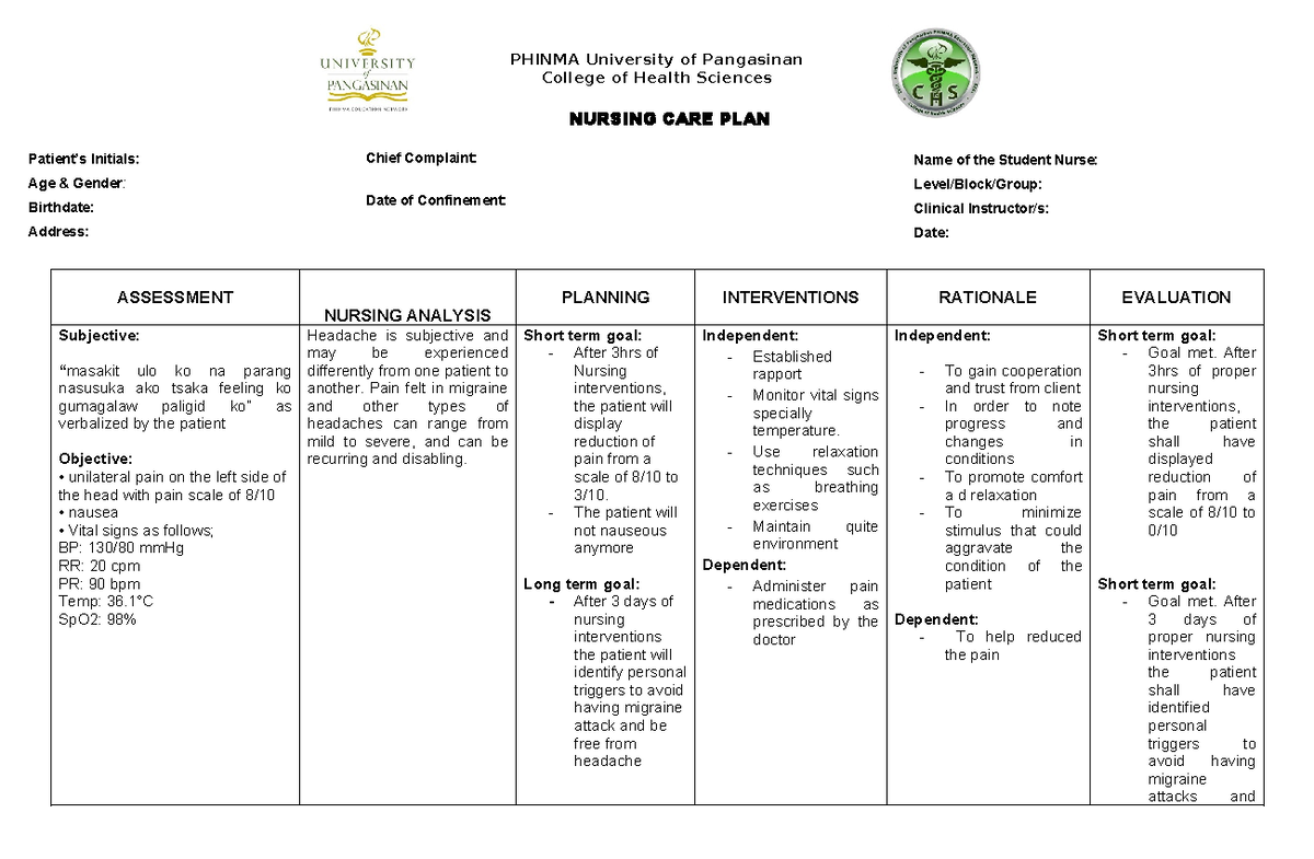 NCP-1 - Template - PHINMA University of Pangasinan College of Health ...