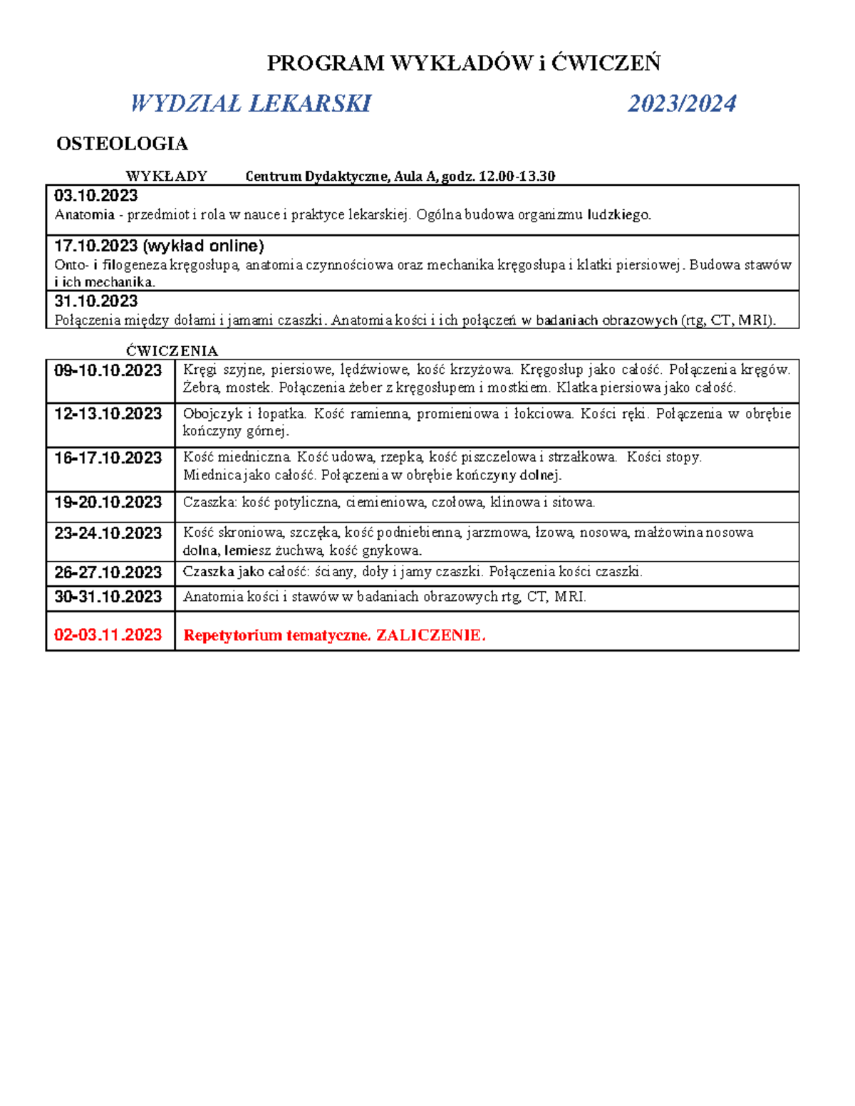Plan ćwiczeń osteologia - PROGRAM WYKŁADÓW i ĆWICZEŃ WYDZIAŁ LEKARSKI
