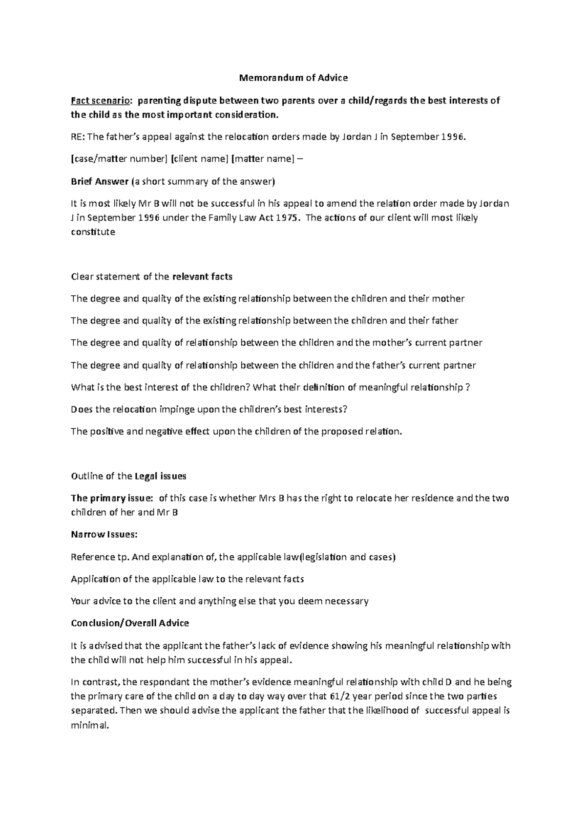 Memo sample outline of internal Memo Memorandum of Advice Fact