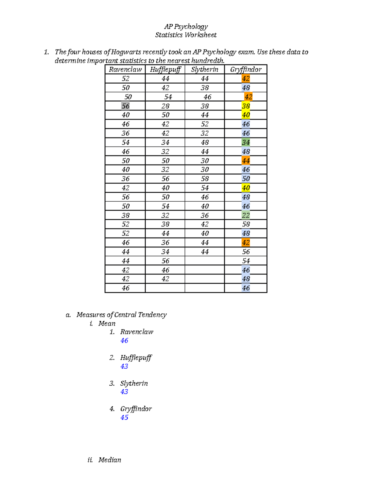 Hogwarts Stats Worksheet-1 - AP Psychology Statistics Worksheet The four  houses of Hogwarts recently - Studocu