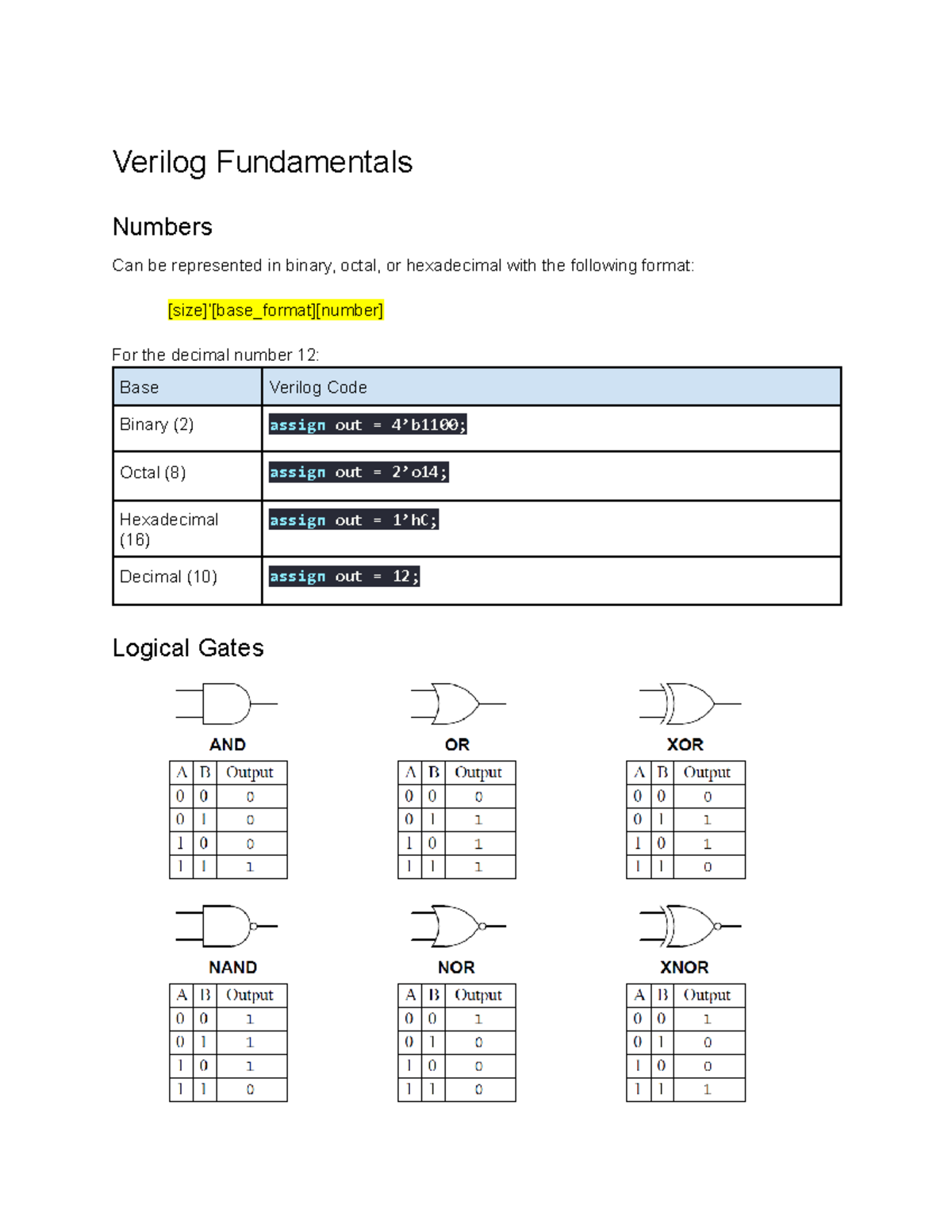 ECE 327 Summary Notes - Verilog Fundamentals Numbers Can be represented ...