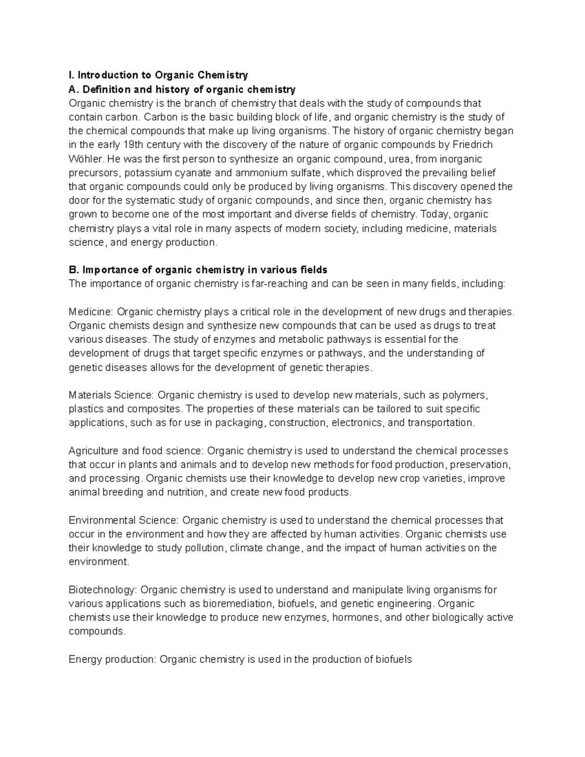 CHM-251 Organic Chemistry I Notes - I. Introduction to Organic ...