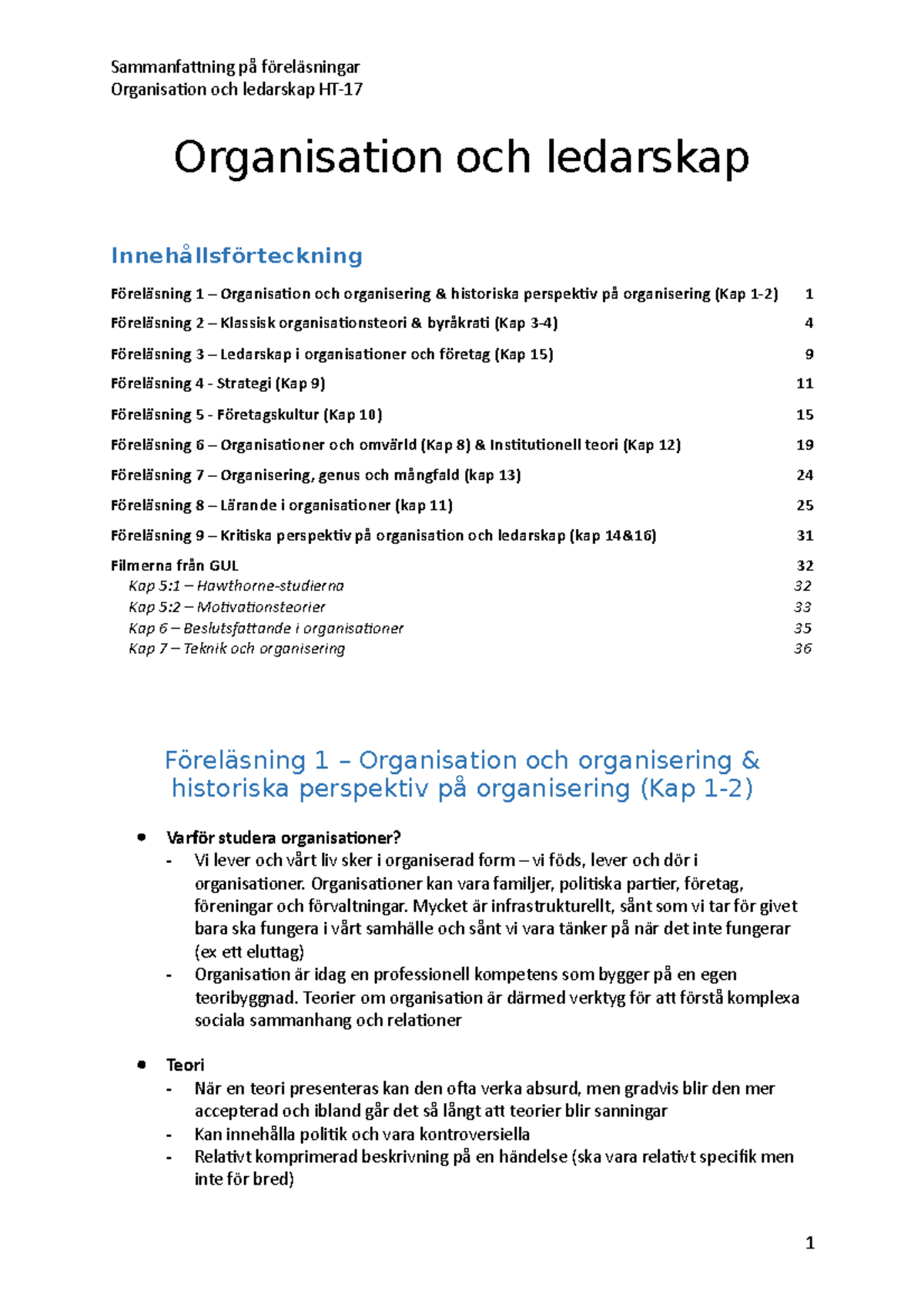 Organisation Och Ledarskap - Sammanfattning - Sammanfattning Och ...