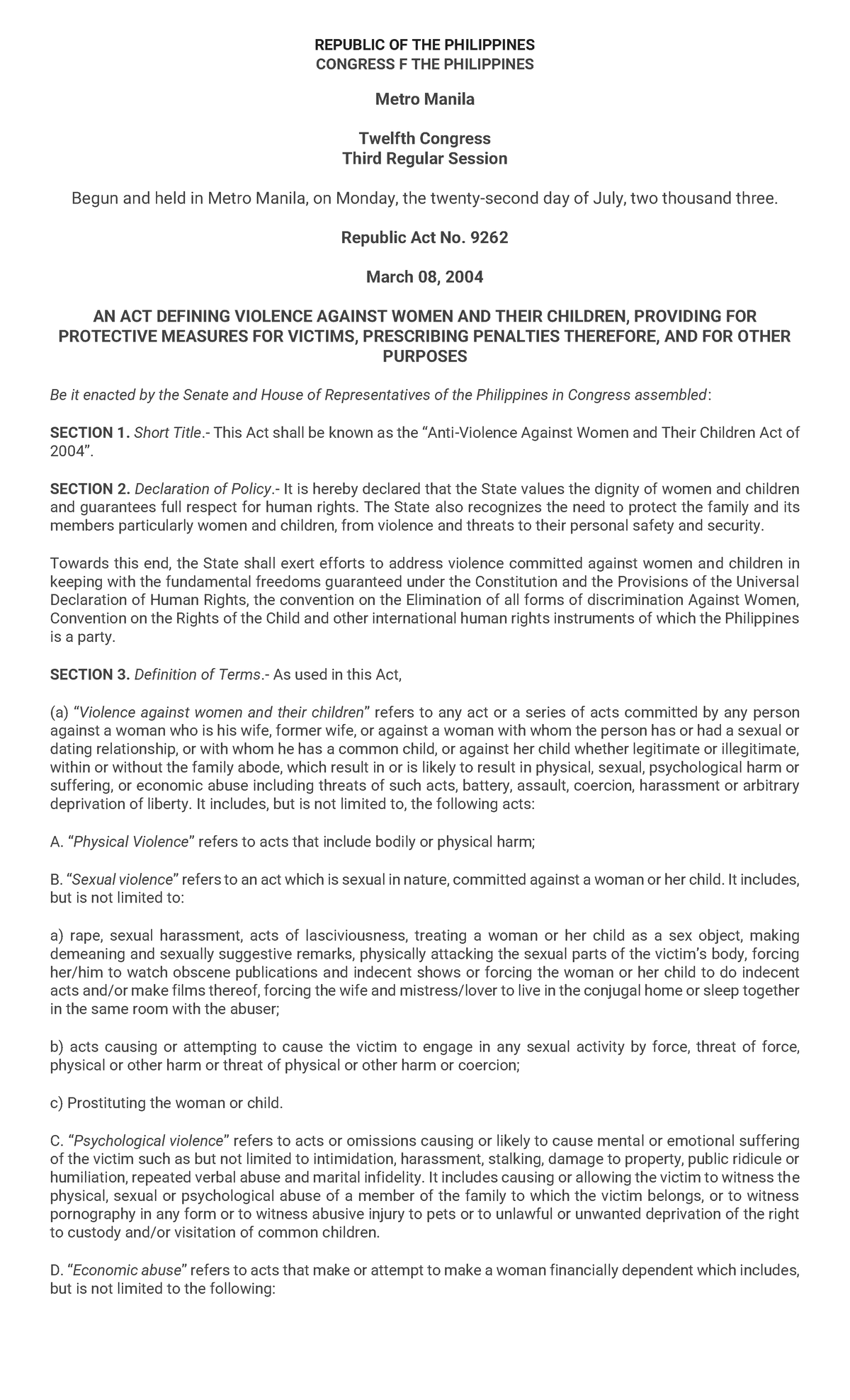 Republic ACT NO. 9262 (VAWC) - REPUBLIC OF THE PHILIPPINES CONGRESS F ...