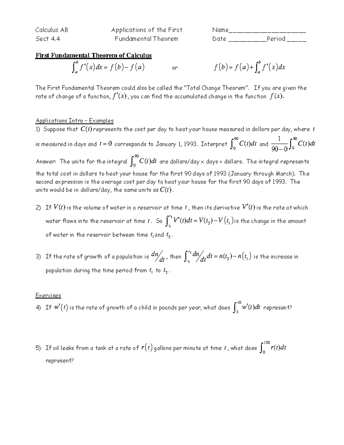 Calc - Meaning of First Fund Thm 2007 - Calculus AB Applications of the ...