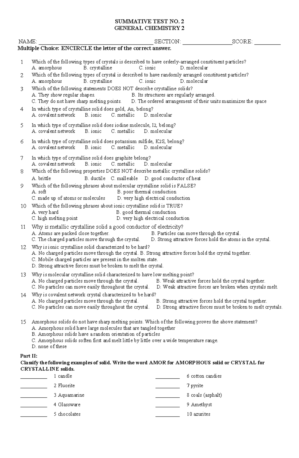 Q3 ST2 Genchem 2 - SUMMATIVE TEST NO. 2 GENERAL CHEMISTRY 2 NAME: - Studocu