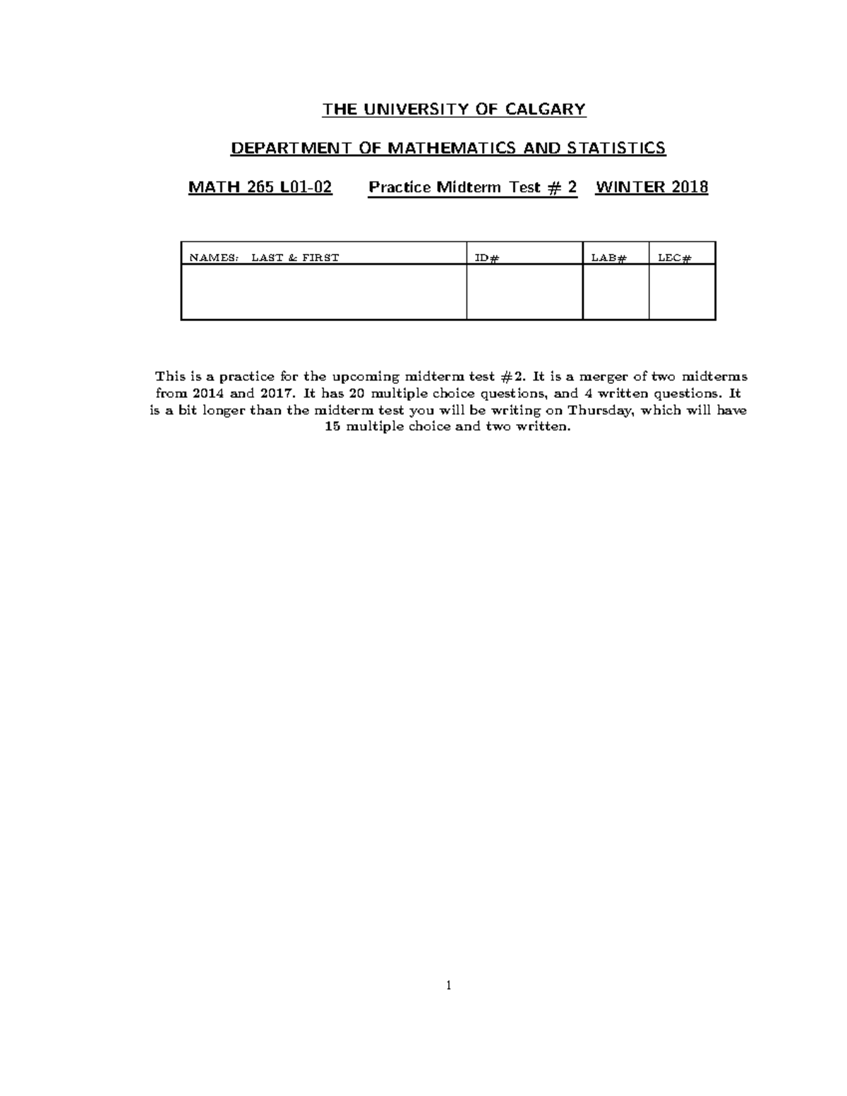 Practice midterm 2 winter 2018 - THE UNIVERSITY OF CALGARY DEPARTMENT ...