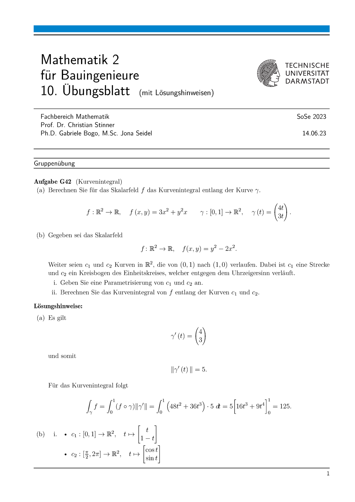 Uebungsblatt 10 Loesungen - Mathematik II (Bau) - TU Darmstadt - Studocu