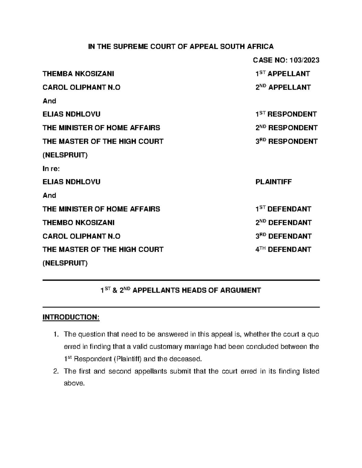 Heads of Argument Customary Law - IN THE SUPREME COURT OF APPEAL SOUTH ...