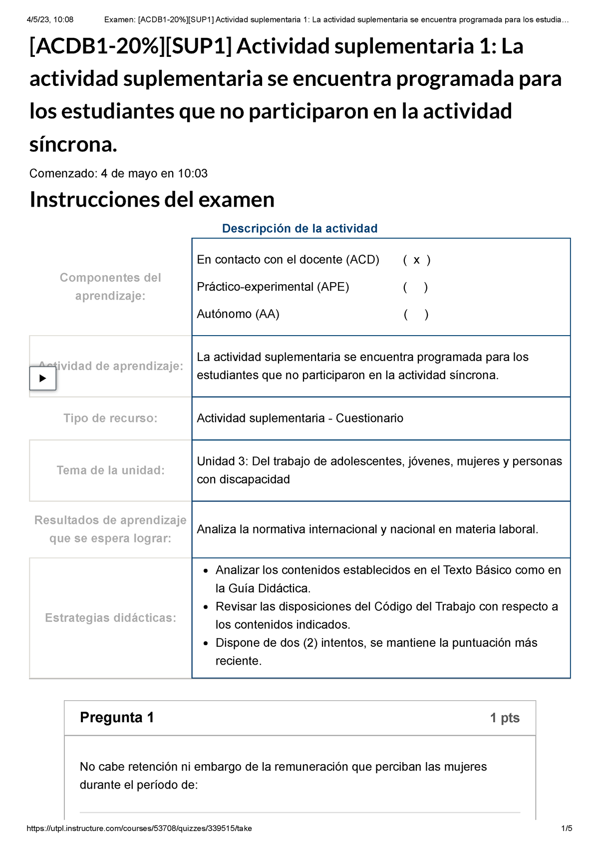 Examen Acdb Sup Actividad Suplementaria La Actividad Suplementaria Se Encuentra