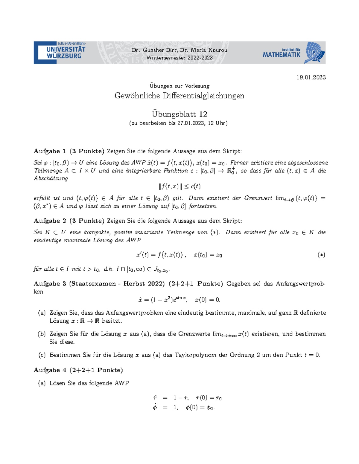 DGL WS2223-Blatt 12 - Übungen Wintersemester - 19. Dr. Gunther Dirr, Dr ...