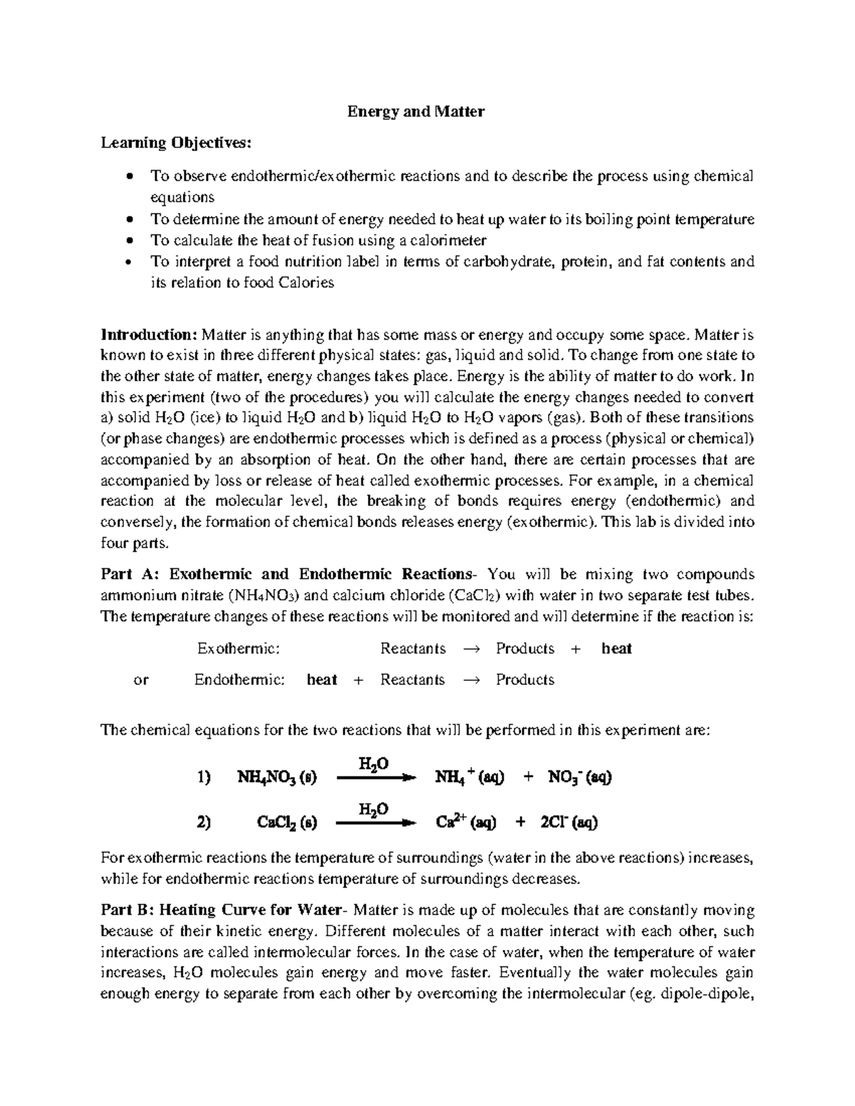 Expt 2 Energy and Matter Energy and Matter Learning Objectives To