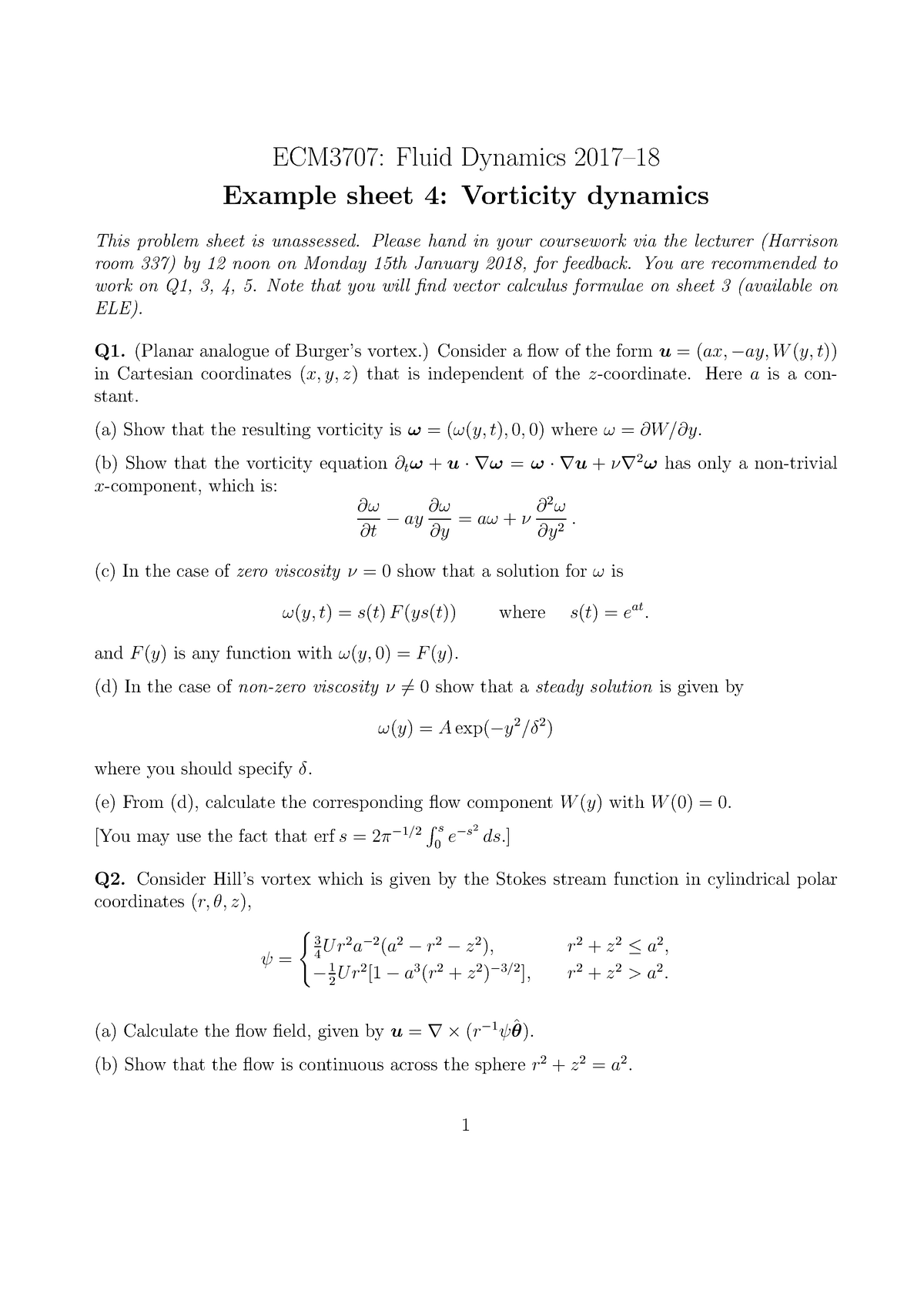 Example Sheet 4 17 18 V1 Fluid Dynamics Ecm3707 Exeter Studocu