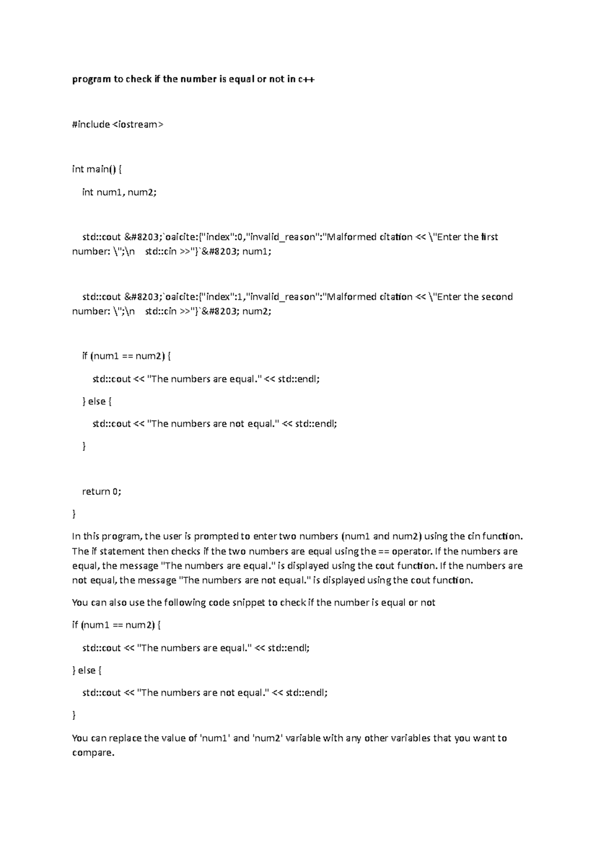 C++ equal program to check if the number is equal or not in c++ 