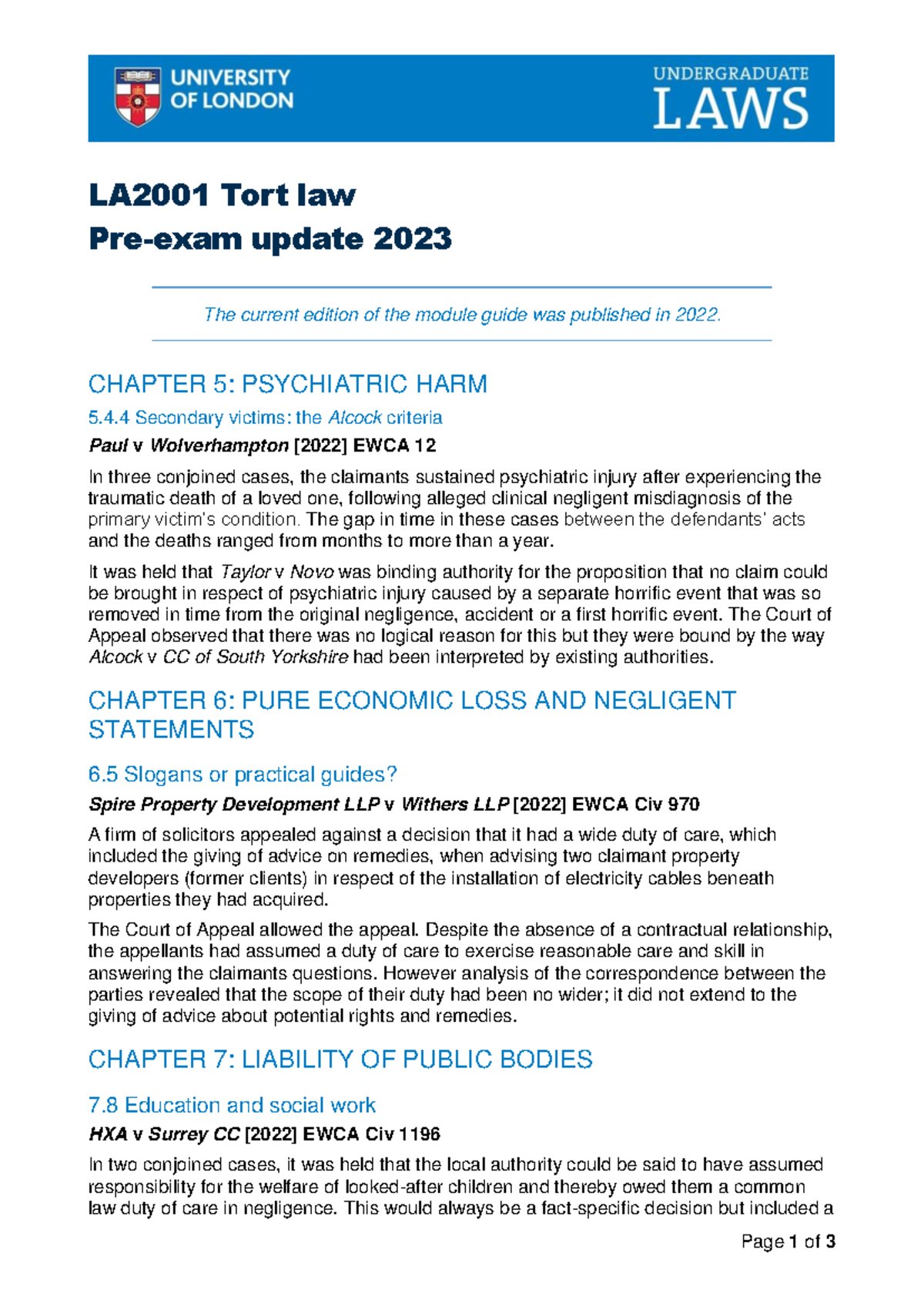 Pre Exam Update - LA 2001 Tort law Pre-exam update 2023 The current ...