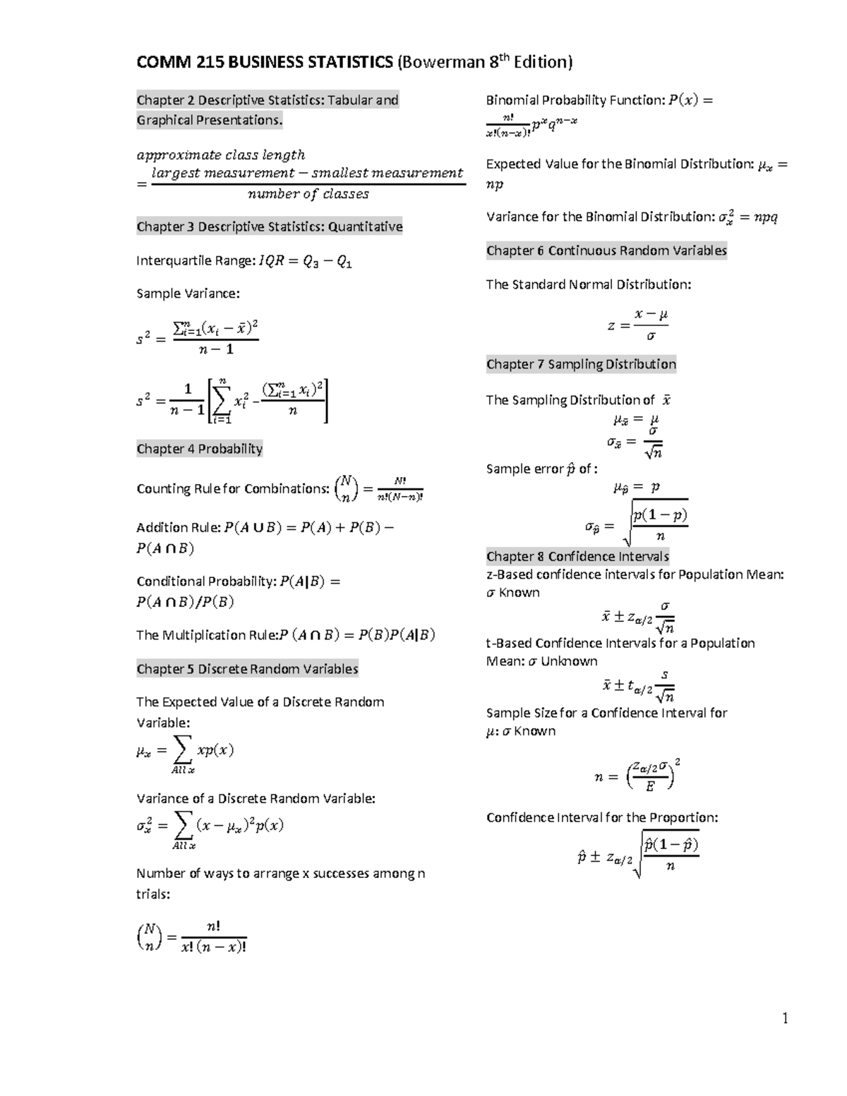 COMM215-Final Exam Formula Sheet - 1 COMM 215 BUSINESS STATISTICS ...