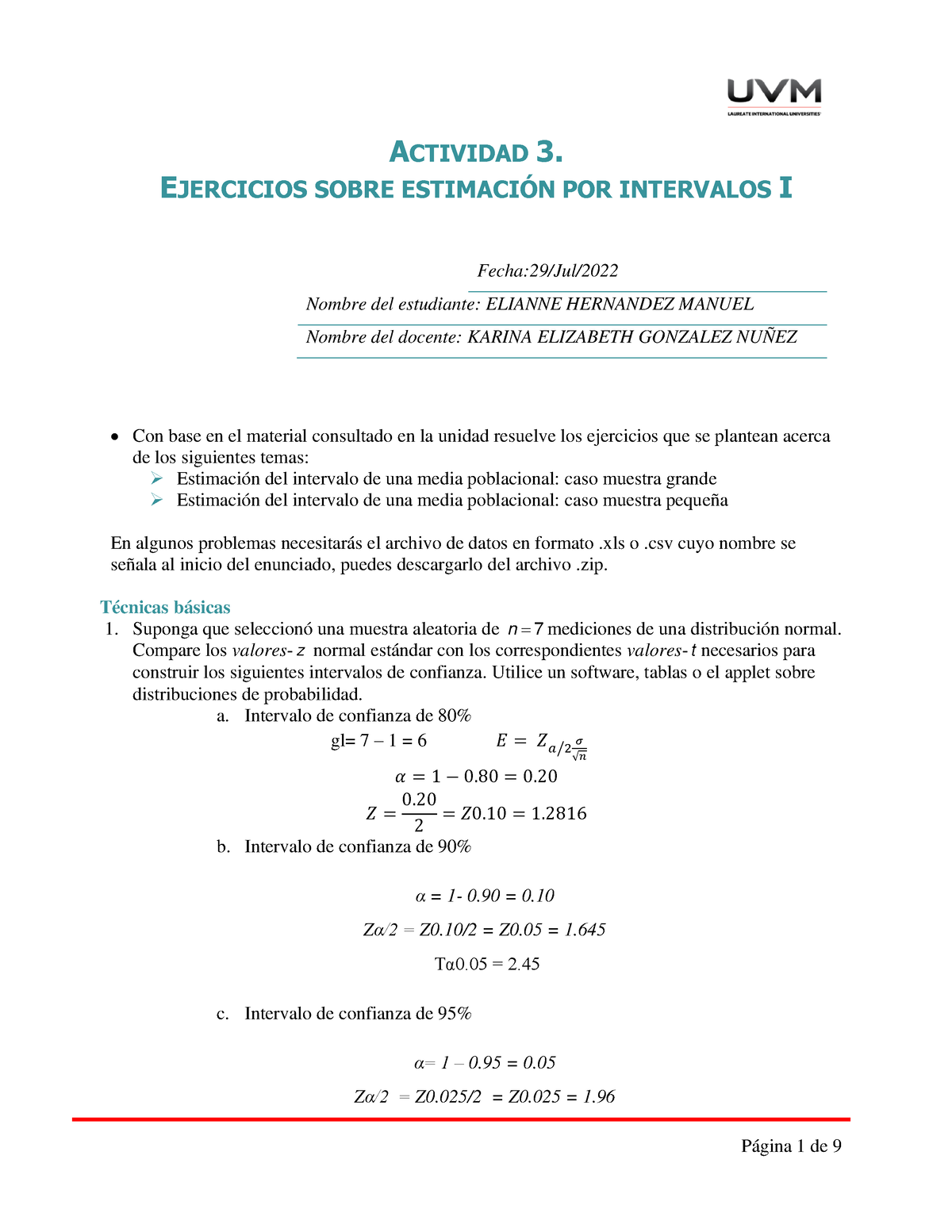 A3 EHM - Actividad 3 - ACTIVIDAD 3. EJERCICIOS SOBRE ESTIMACI”N POR ...