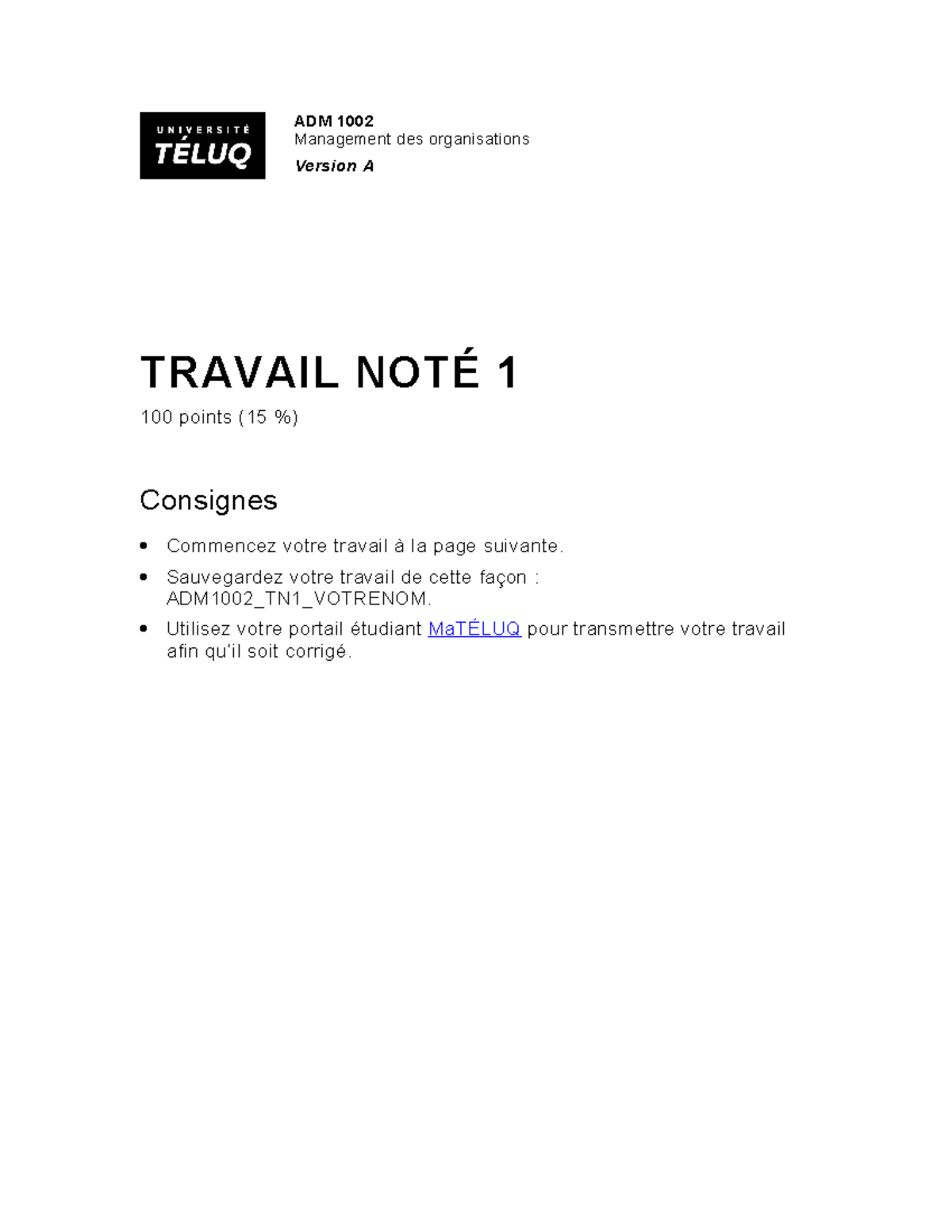 ADM1002 TN1 - Excellente note - Management des organisations Version A ...