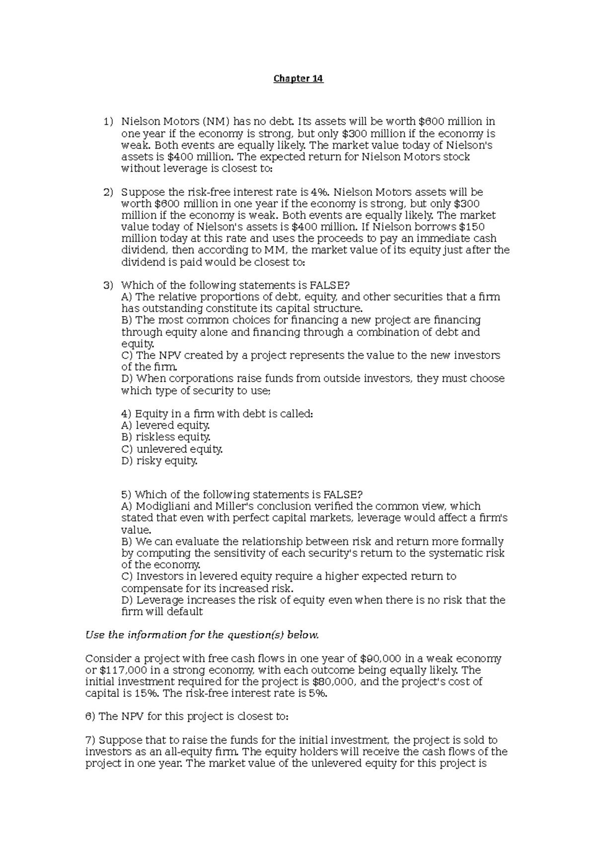 Exercises 5 Chapter 14 Questions - Chapter 14 Nielson Motors (NM) has ...