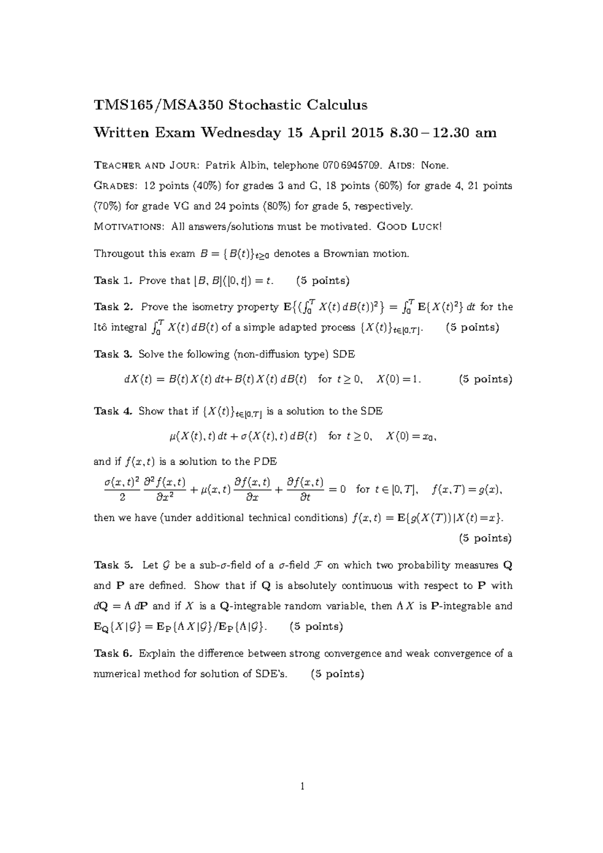 Exam 15 April 15 Questions And Answers Stochastic Calculus 14 Studocu