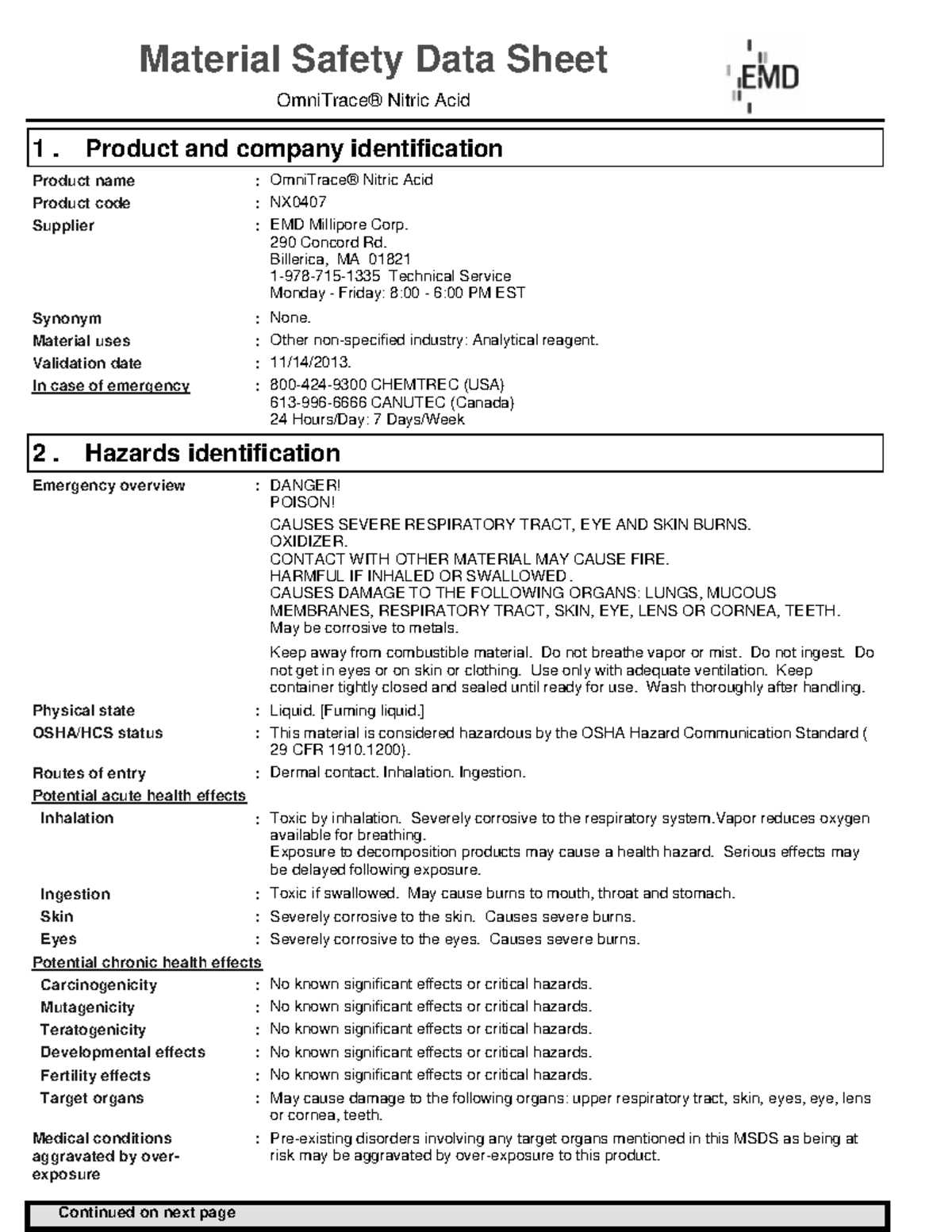 Nitric metals preservative omnitrace sds Material Safety Data Sheet