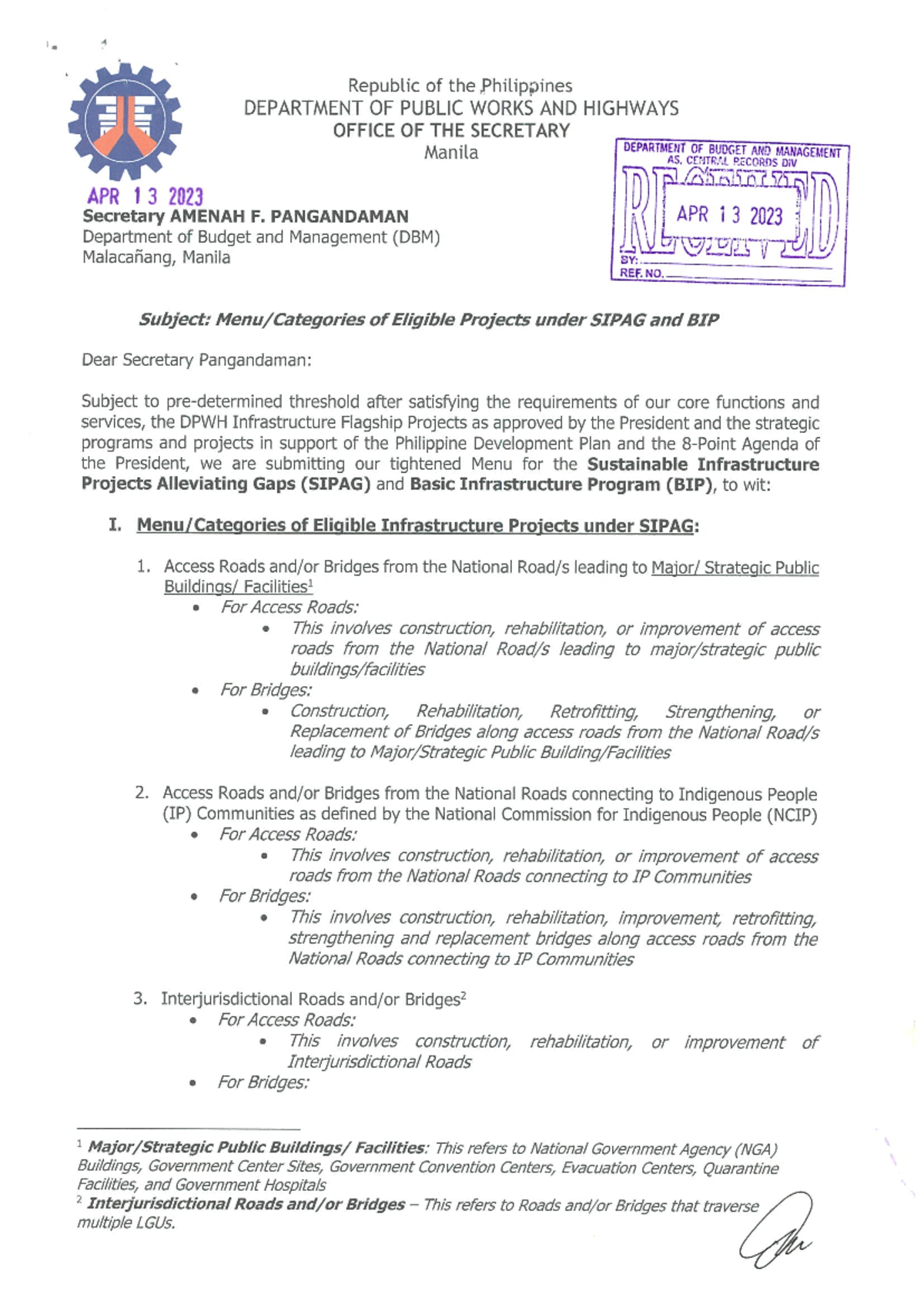 2023-BA-0045980-E - DPWH Letter re Menu Categories under Sipag and BIP ...