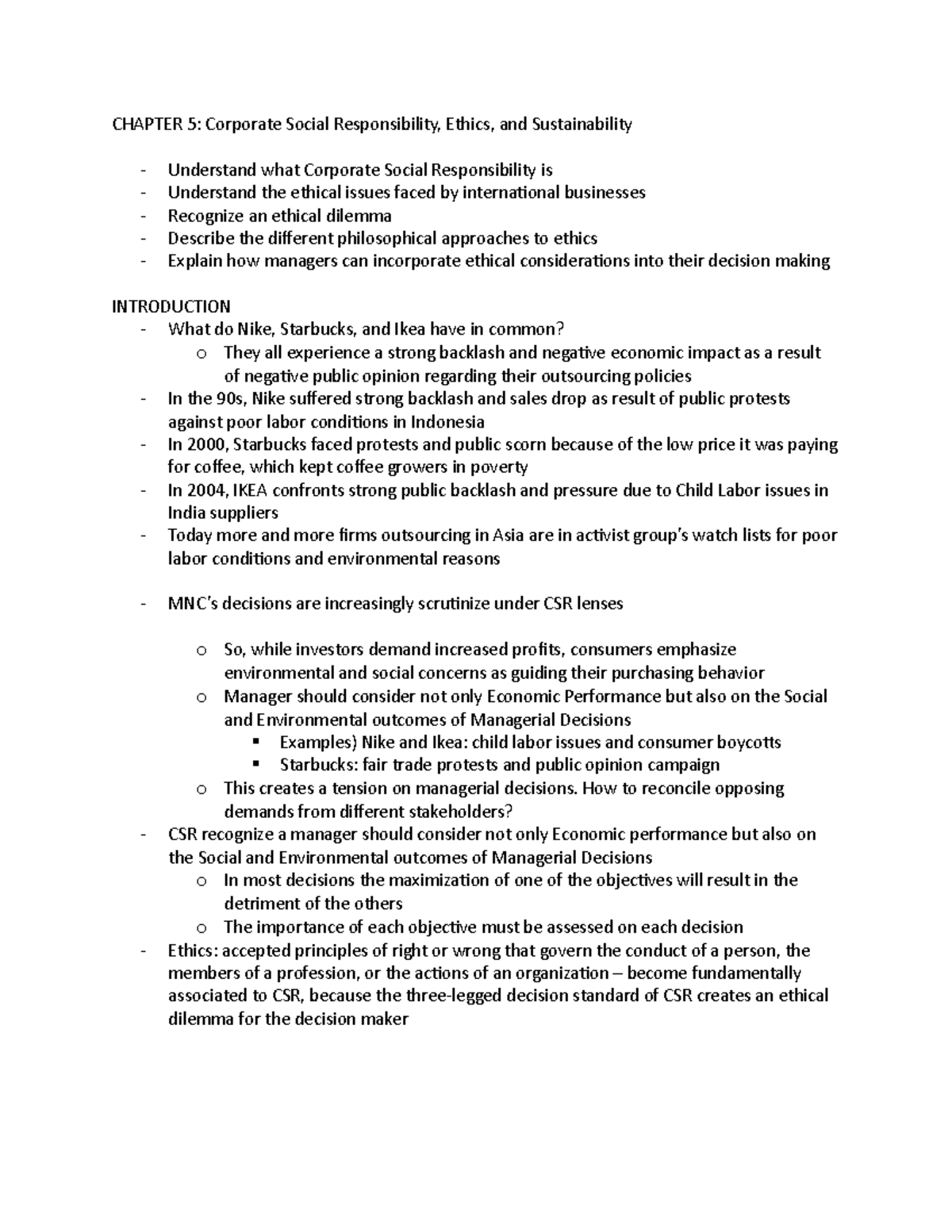 Chapter 5 Notes - CHAPTER 5: Corporate Social Responsibility, Ethics ...