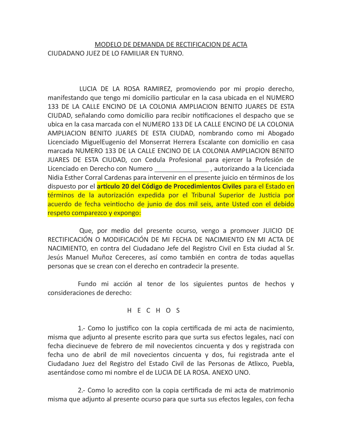 Demanda de rectificacion de acta - MODELO DE DEMANDA DE RECTIFICACION DE  ACTA CIUDADANO JUEZ DE LO - Studocu