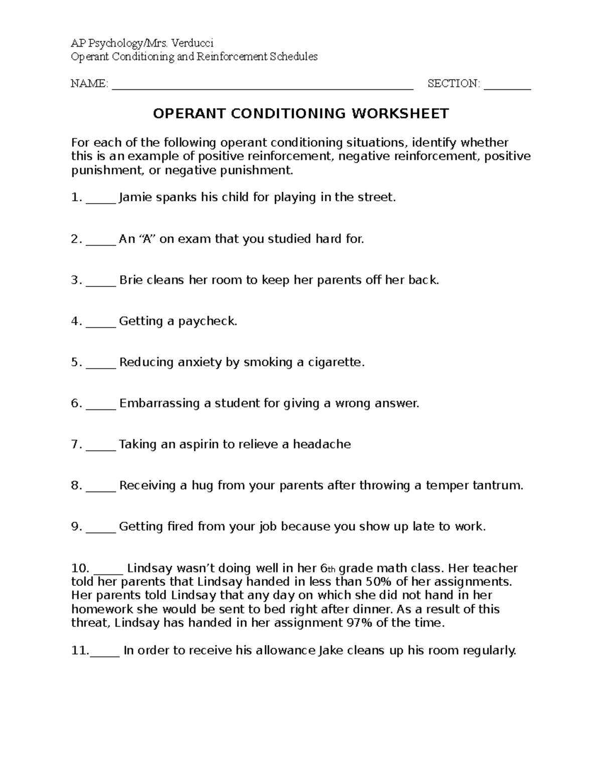 Operant Conditioning Worksheet 2023 - AP Psychology/Mrs. Verducci ...