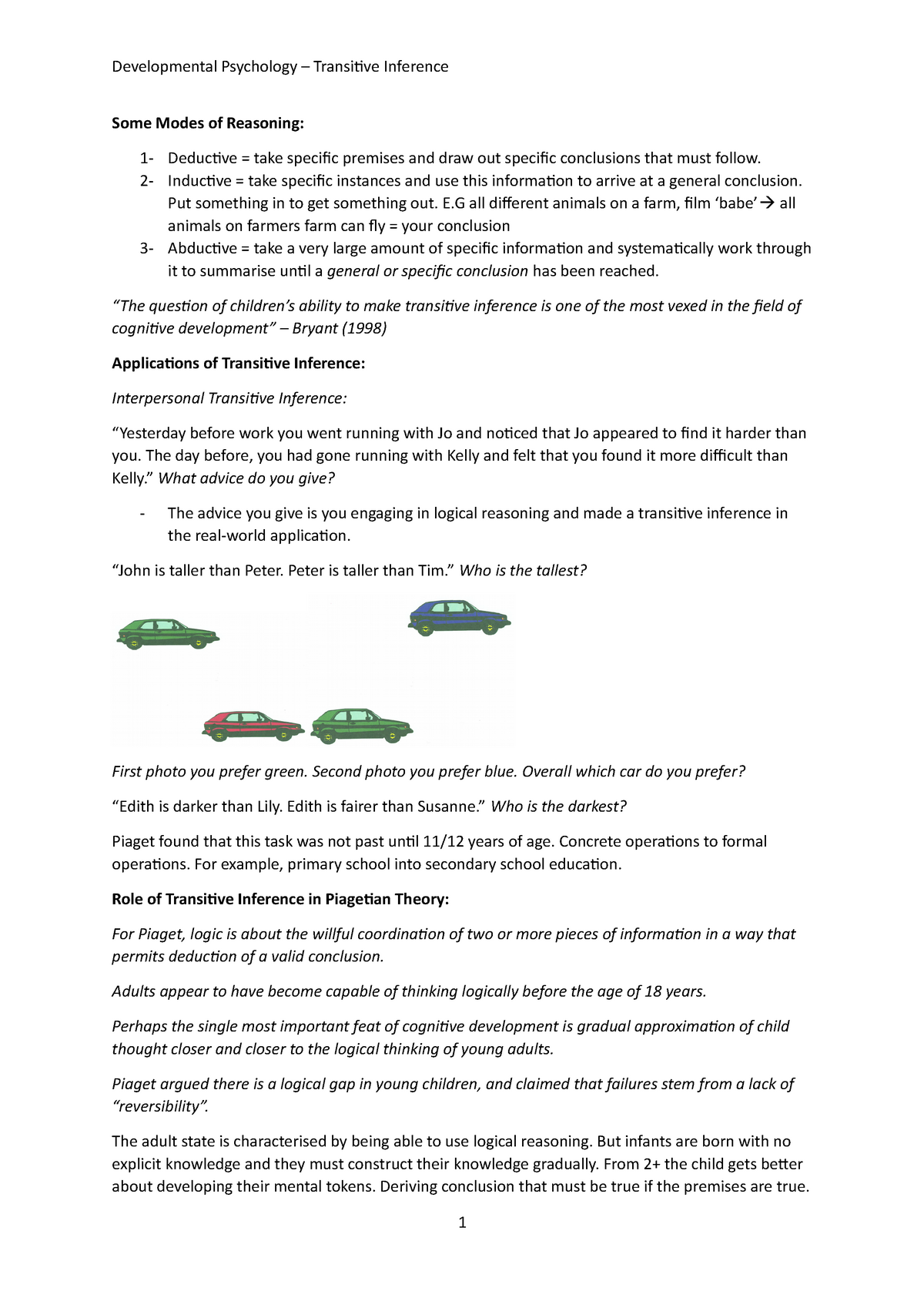 Developmental Transitive Inference Some Modes of Reasoning 1