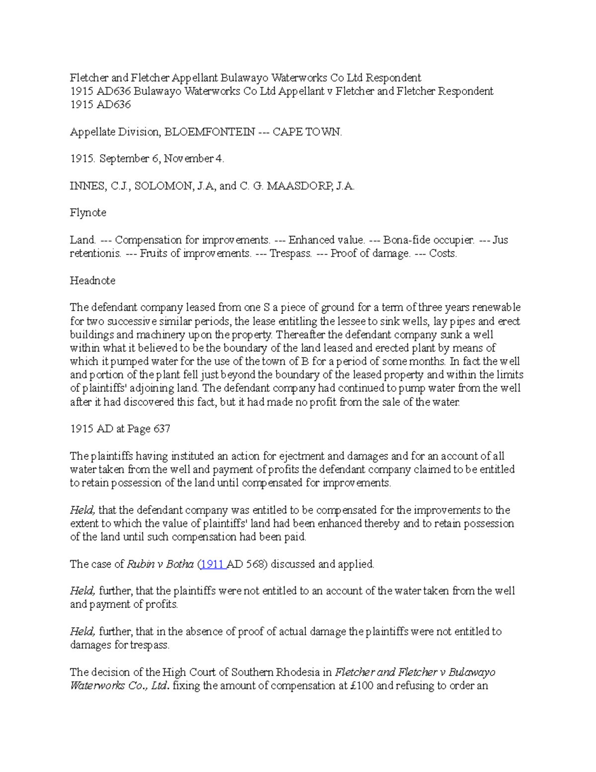 Fletcher and fletcher appellant bulawayo waterworks co ltd respondent Fletcher and Fletcher