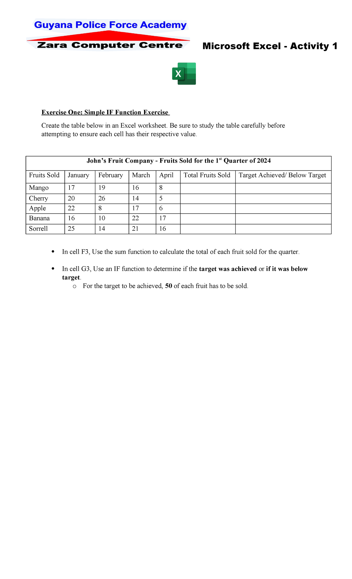 Advance Excel Activities - Exercise One: Simple IF Function Exercise ...