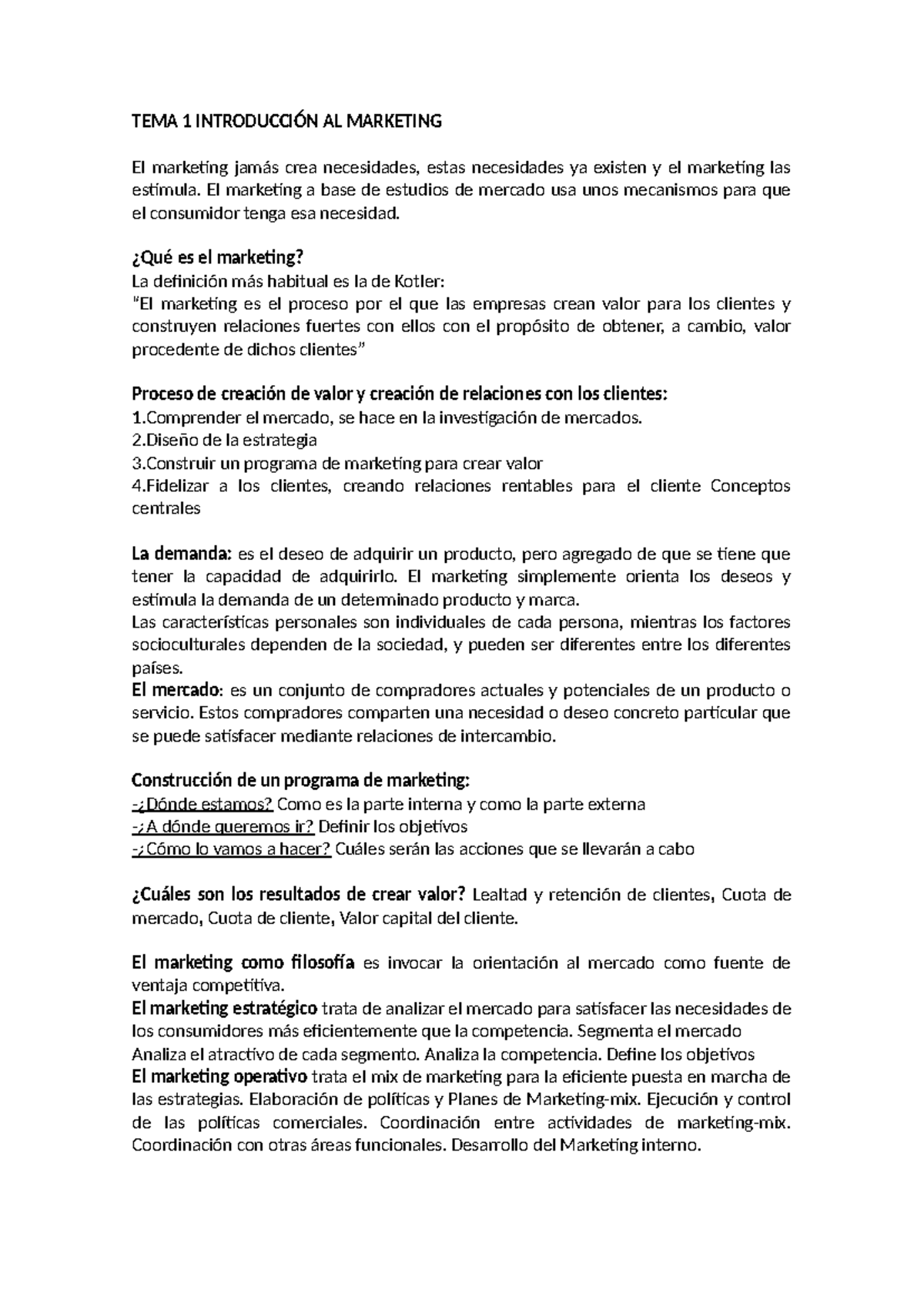 Temario Resumido Marketing - TEMA 1 INTRODUCCIÓN AL MARKETING El ...