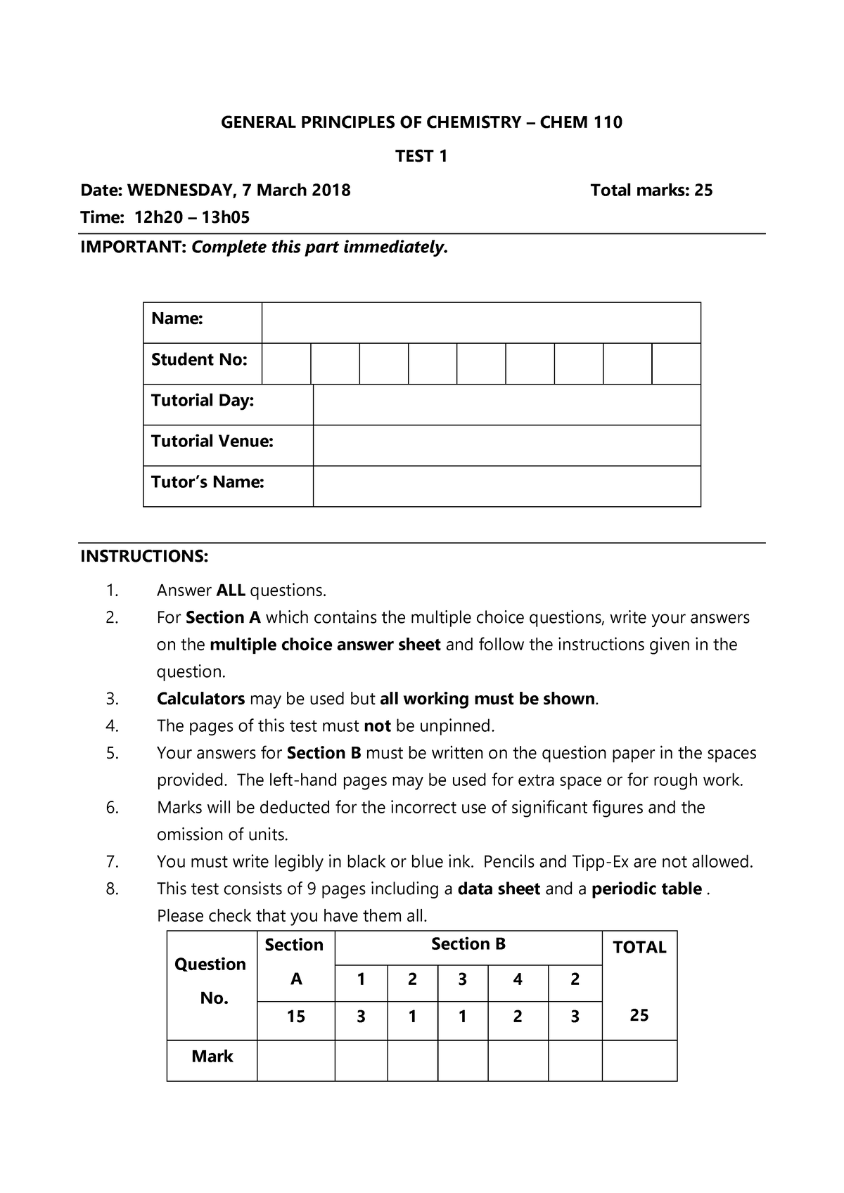 Chem 110 Test 1 2018 - past paper - GENERAL PRINCIPLES OF CHEMISTRY ...