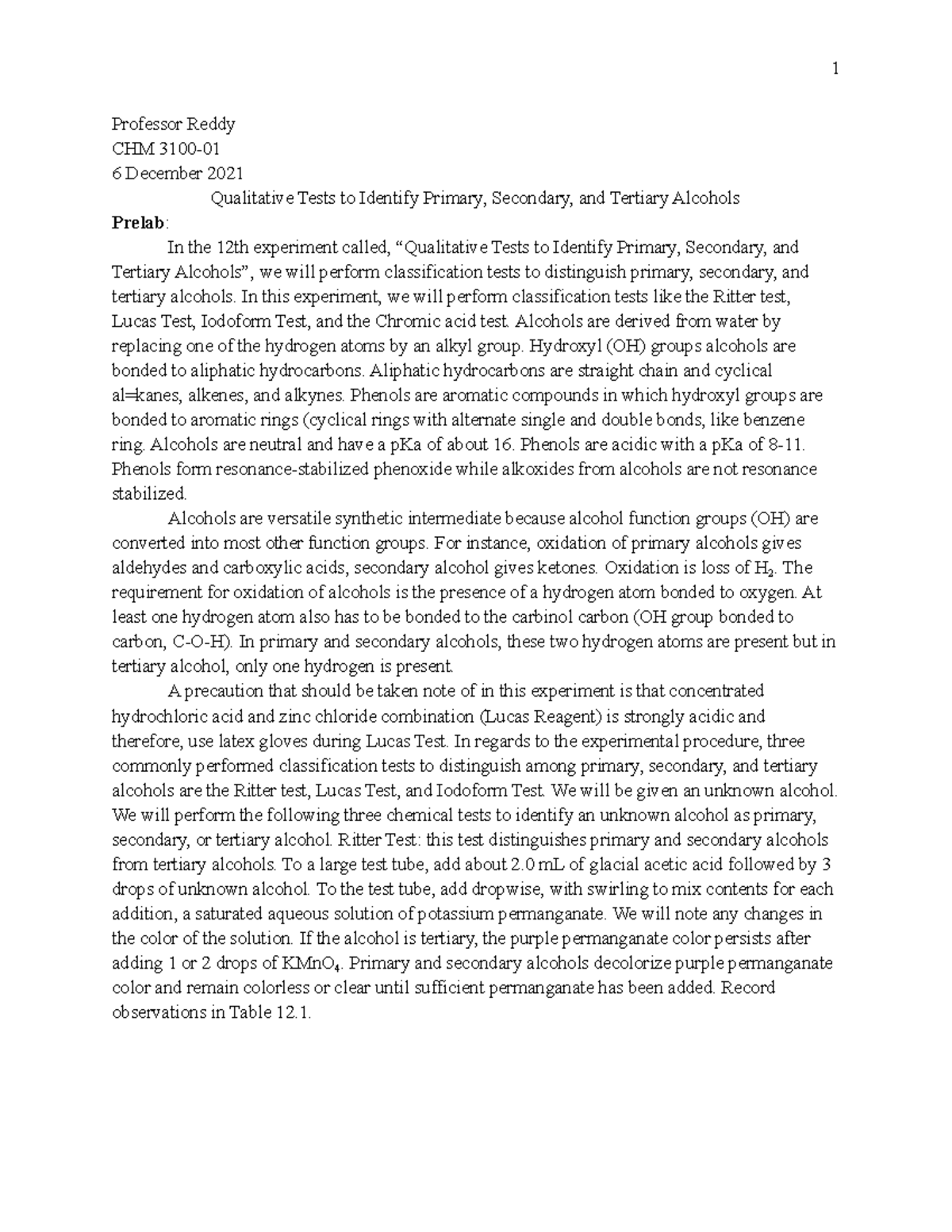 CHM 310001 (12) Qualitative Tests TO Identify Primary, Secondary, AND