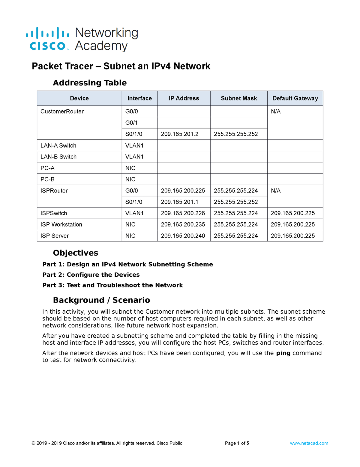 11.5.5 Packet Tracer - Subnet An IPv4 Network - Addressing Table Device ...