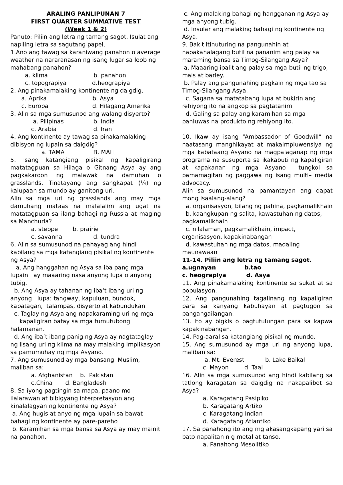 WEEK 1& 2 - Summative Test - ARALING PANLIPUNAN 7 FIRST QUARTER ...