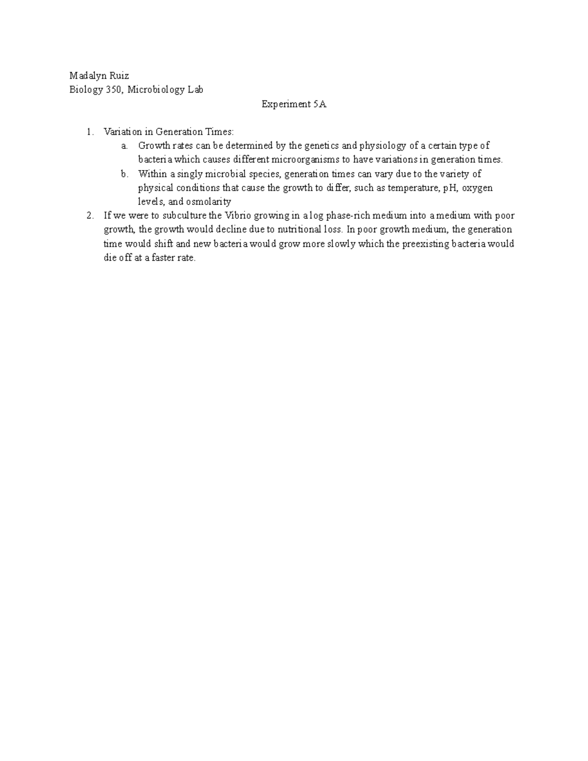 BIO350- Experiment 5A - Madalyn Ruiz Biology 350, Microbiology Lab ...