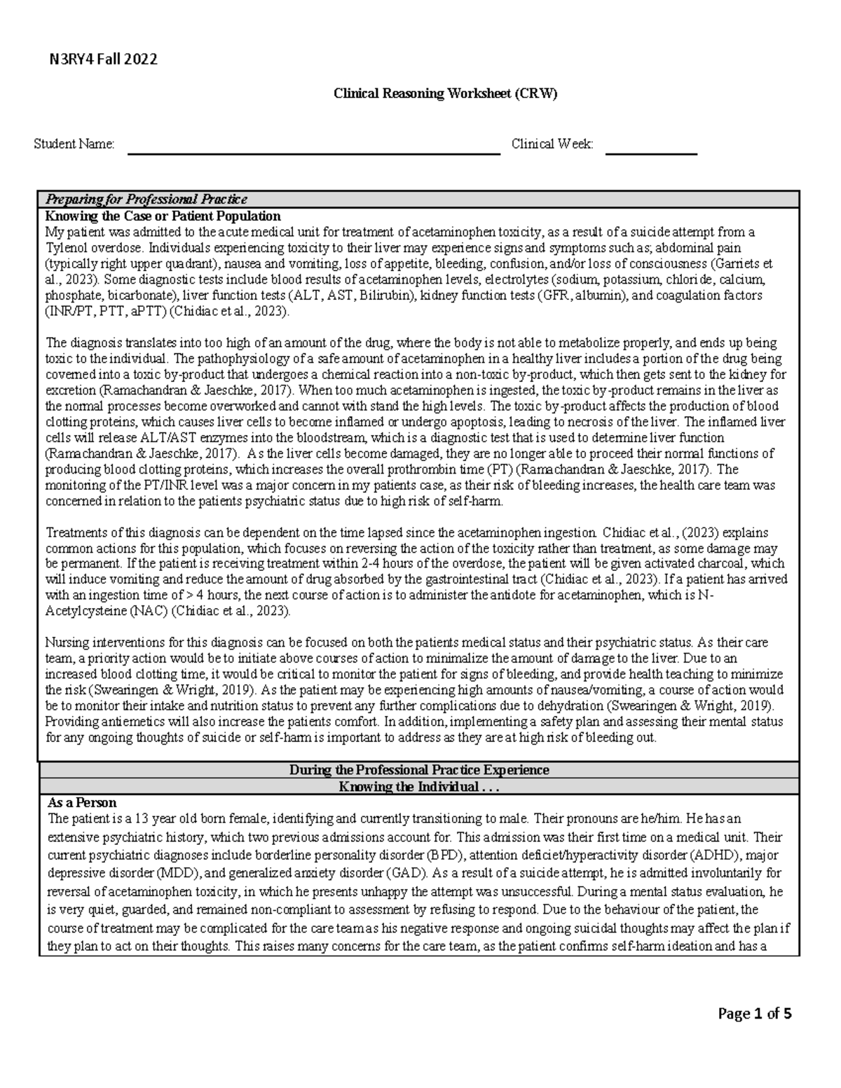 Clinical Reasoning Worksheet - 1 of 5 - N3RY4 Fall 2022 Page 1 of 5 ...